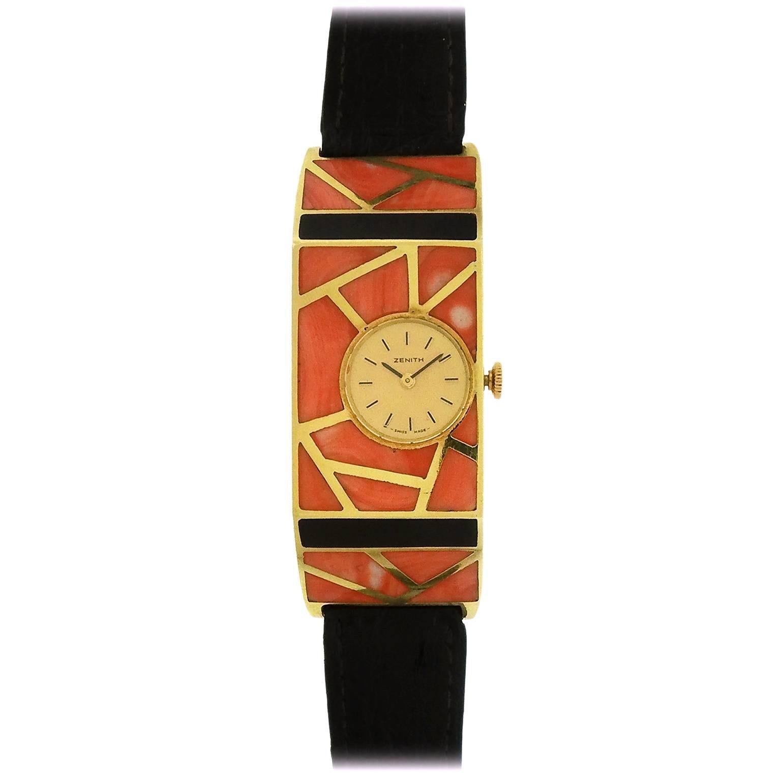 Zenith Ladies Yellow Gold Coral Onyx Mosaic Manual Wind Wristwatch 1970s  1