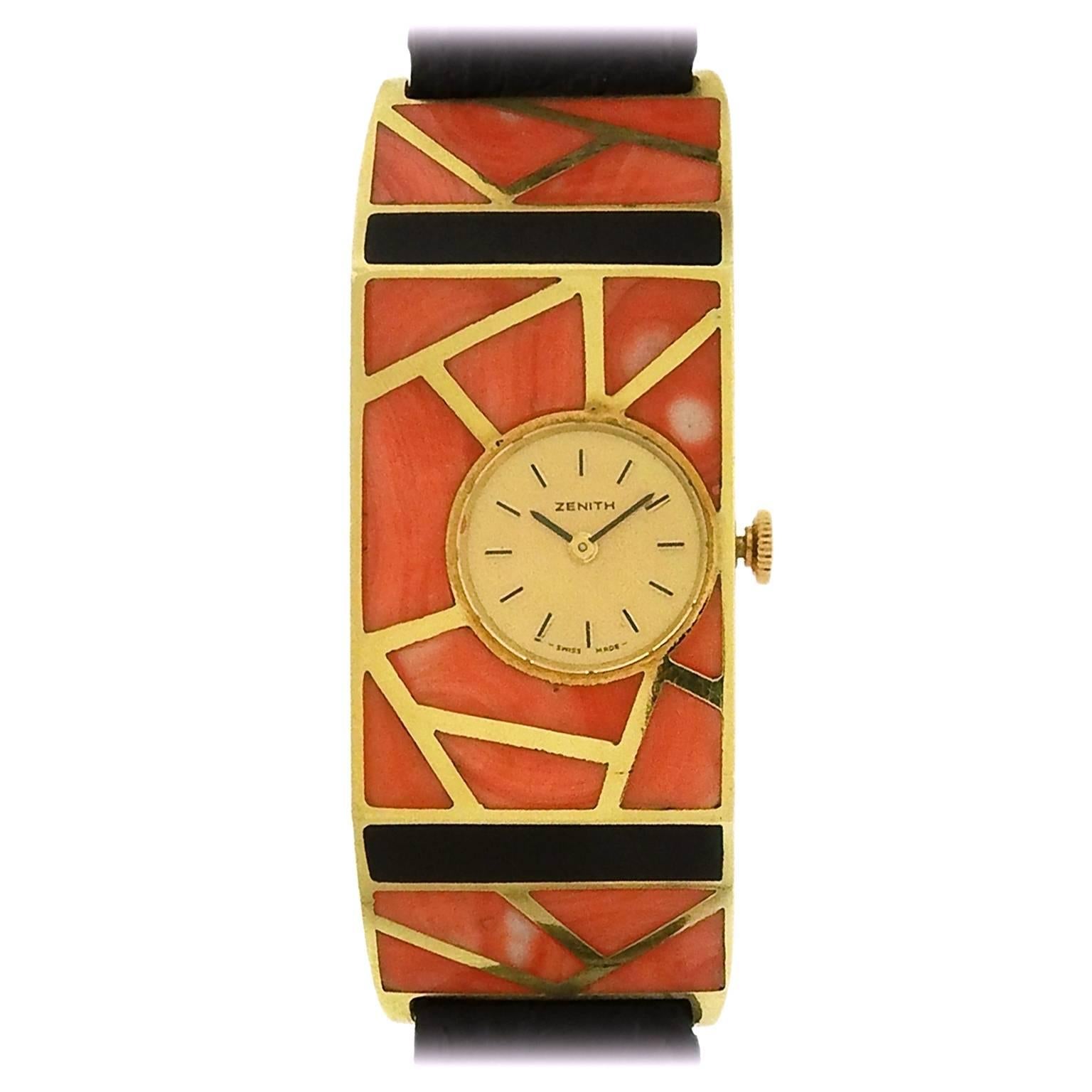 Zenith Ladies Yellow Gold Coral Onyx Mosaic Manual Wind Wristwatch 1970s 