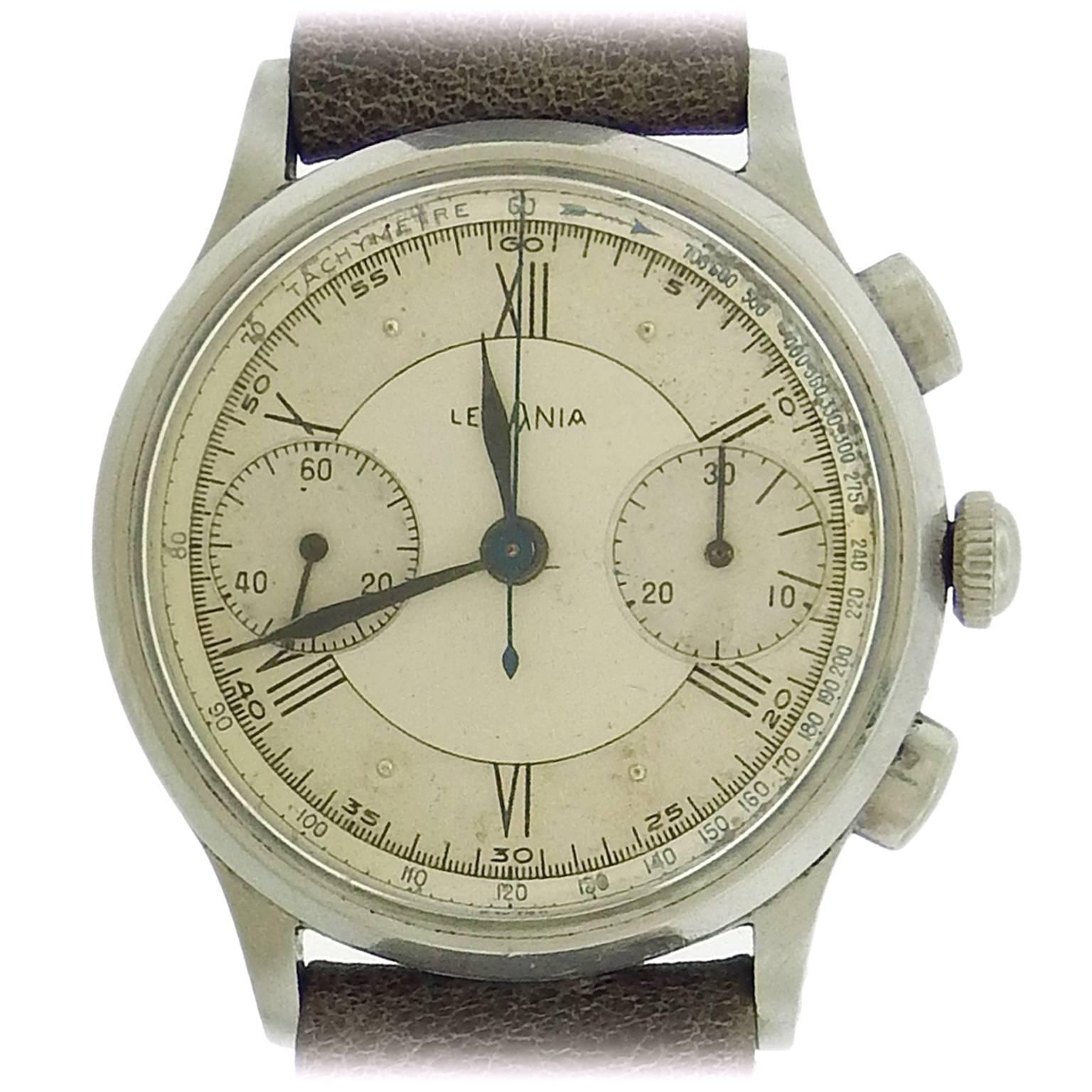 Lemania Stainless Steel Valjoux Chronograph Manual Wind Wristwatch 1940s