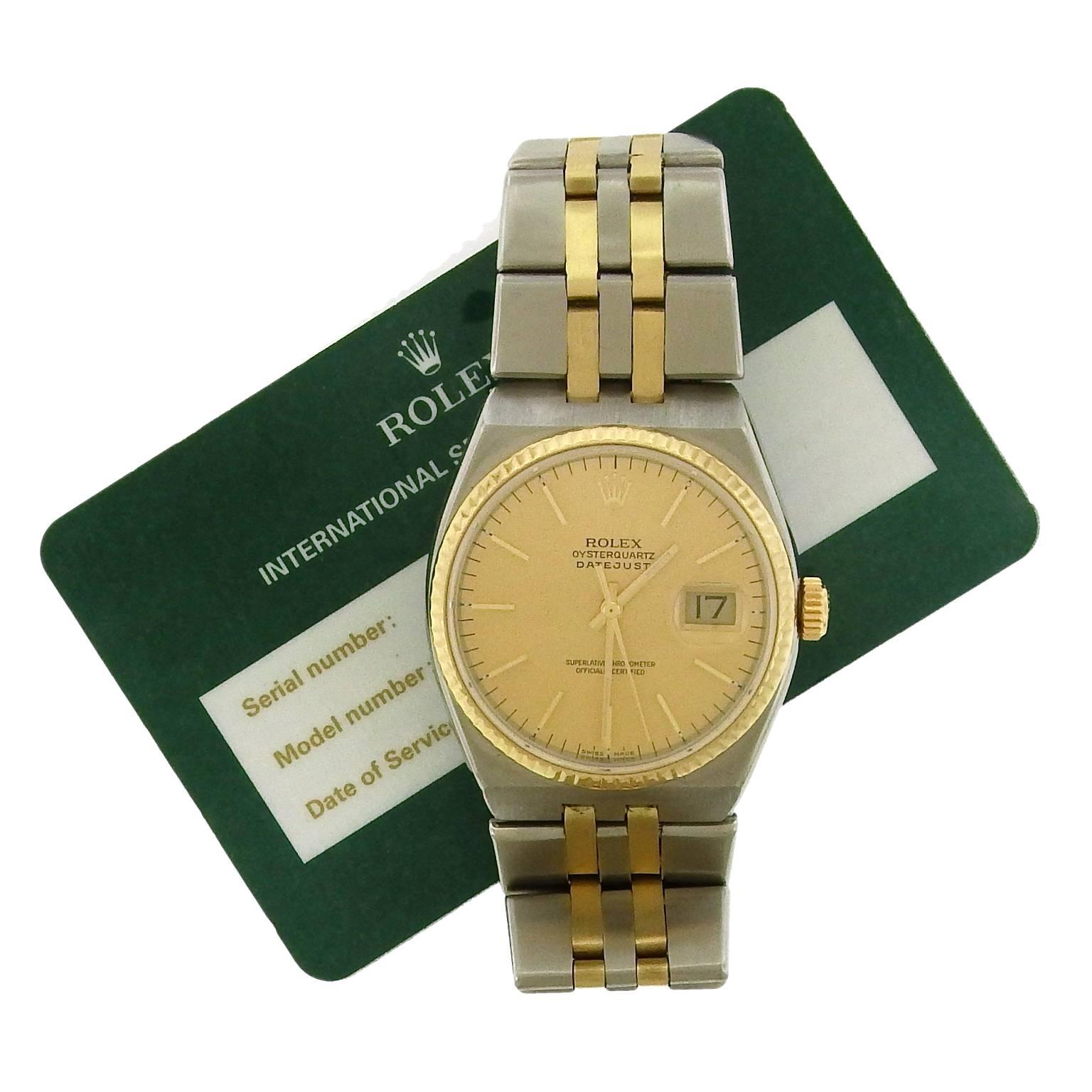 Rolex Stainless Steel Yellow Gold Oysterquartz Quartz Wristwatch Model 7013 In Excellent Condition In New York, NY