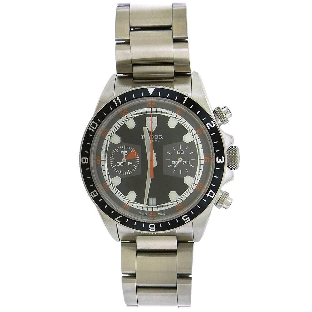 Stainless steel Tudor Heritage chronograph,  Ref. 70330, circa 2010, is a self-winding water-resistant, stainless steel round-button chronograph, with a stainless steel Tudor Oysterlock bracelet, accompanied by the original fitted box, guarantee,and