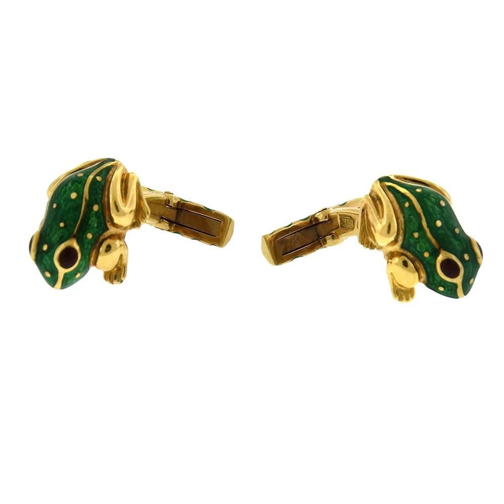 David Webb Green Enamel Ruby Eye Yellow Gold Frog Cufflinks, circa 1990