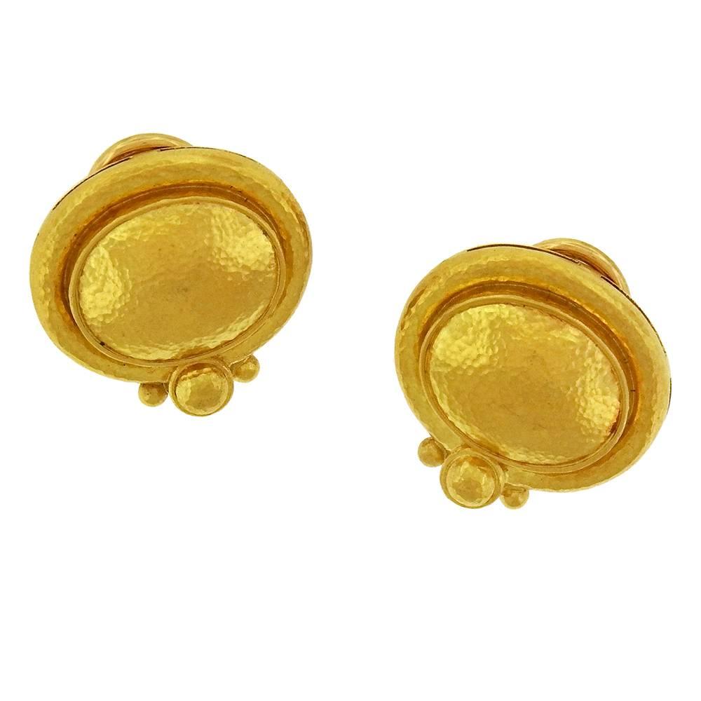 Elizabeth Locke's signature 19K gold appears here in a classic earring design, the oval 19K gold 'cabochon' with its hammered texture accented by gold beads,   7/8