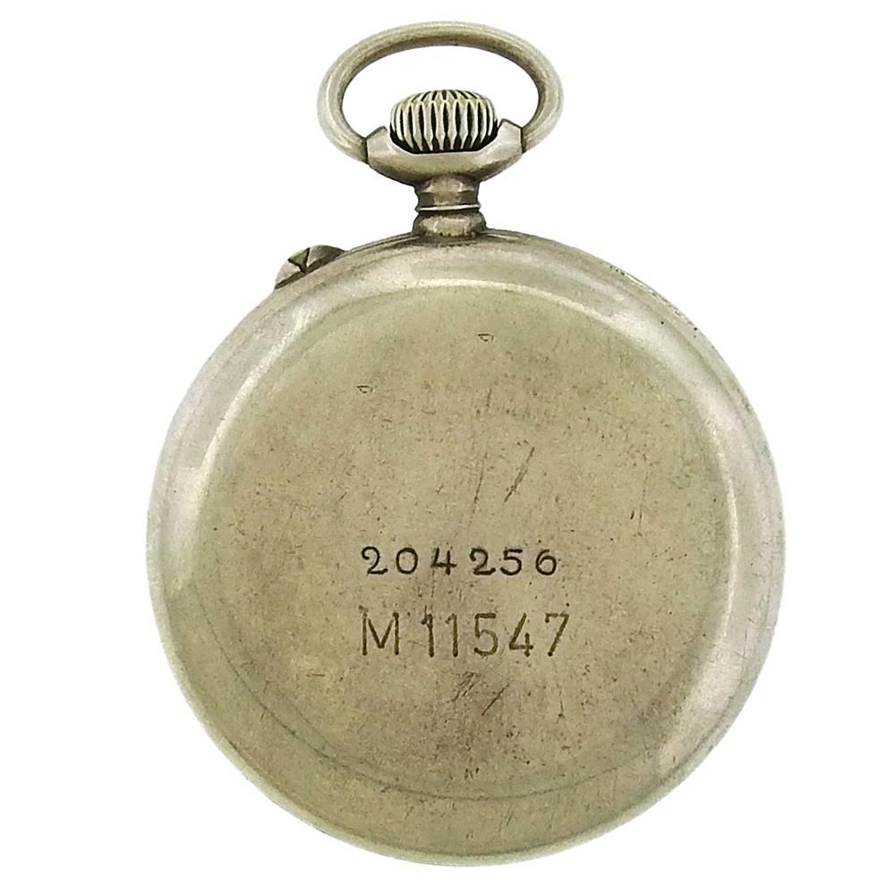 Silver Lange & Sohne pocketwatch, circa 1940-45, was produced for the Wehrmacht military during World War II. The 59mm solid silver .900 case with a dust cover, manual wind caliber 48 movement, silvered dial with power reserve dial on the left