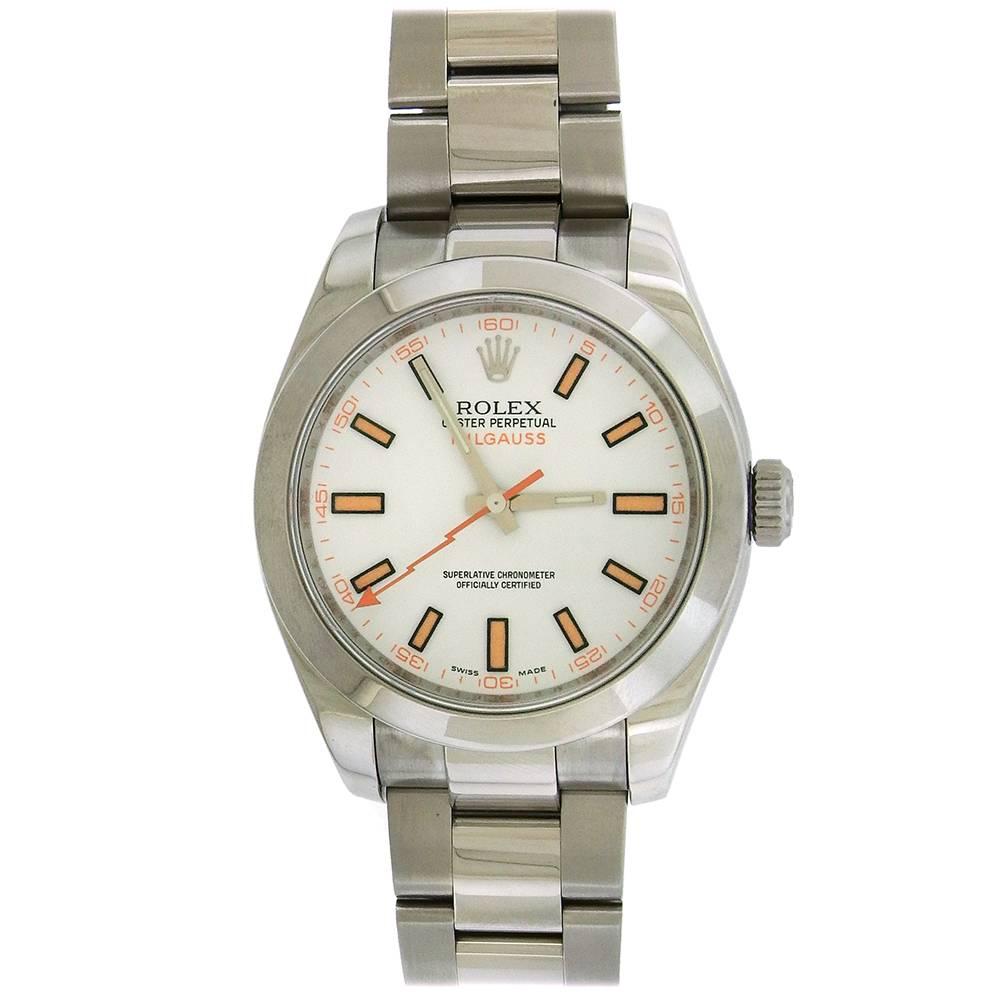 Stainless steel Rolex Ref. 116400 Milgauss Oyster Perpetual, circa 2007, with white dial is a center seconds, self-winding, water-resistant, stainless steel wristwatch, anti-magnetic to 1000 Gauss with a stainless steel Rolex Oysterlock bracelet.