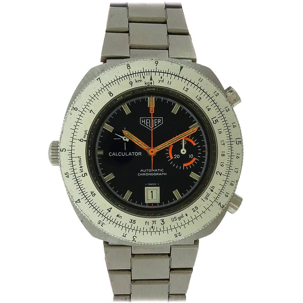 Vintage Heuer Calculator stainless steel automatic chronograph Ref. 110633, made in the 1970's, is an oversized, tonneau-shaped, water-resistant, self-winding stainless steel left-handed wristwatch with round button chronograph, registers, date, and
