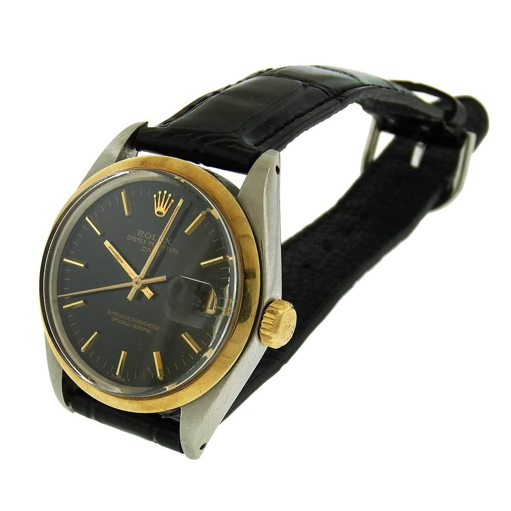 Women's or Men's Rolex Stainless steel Date Black Dial automatic wristwatch Ref 1500, Circa 1978