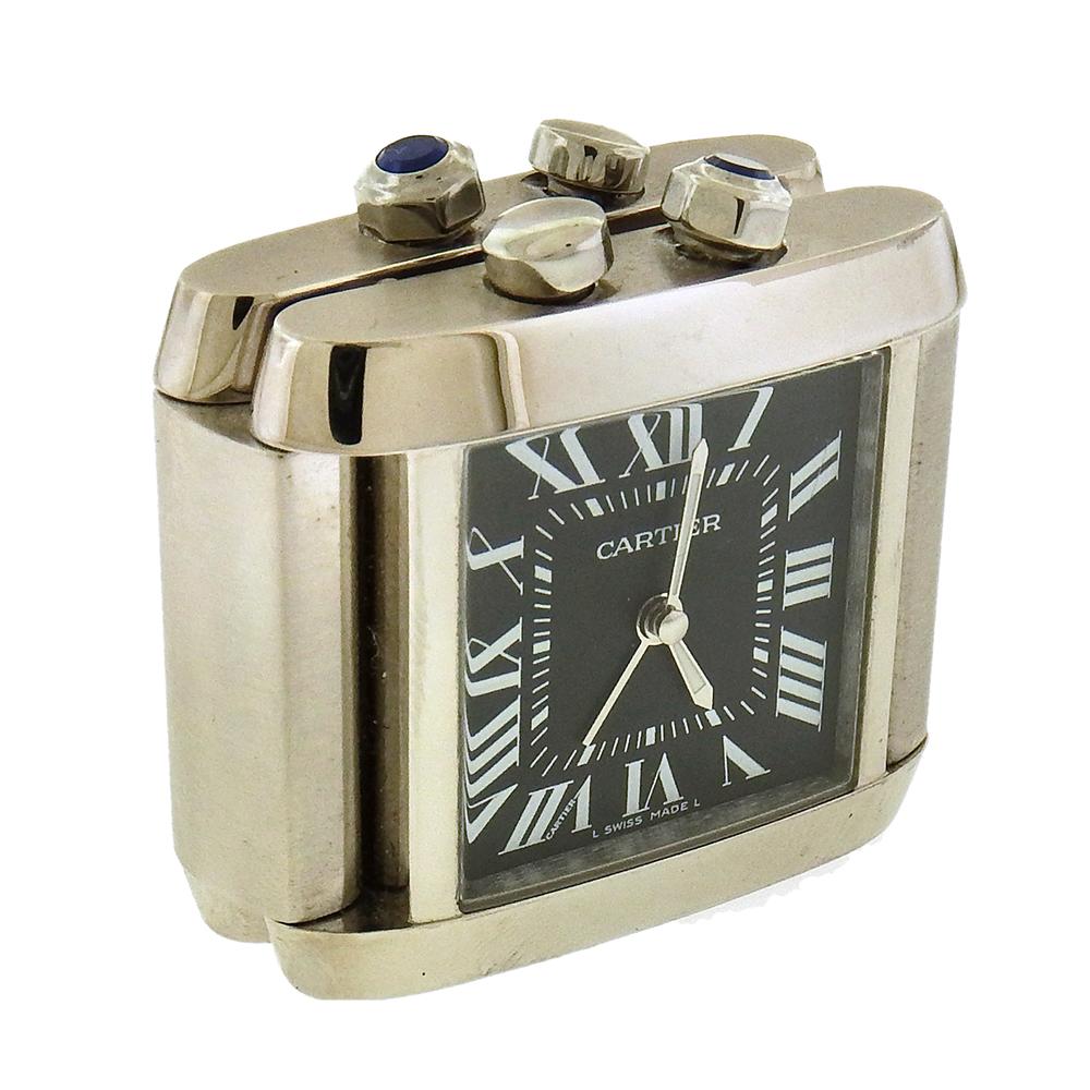 Stainless steel Cartier Tank Francaise two time zone day/night quartz alarm desk clock is a great design, folding in half to 1-5/8