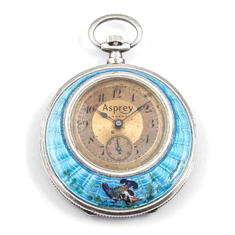 Swiss enamel mastery is evident in this horse themed open face pocket watch, circa 1925, made for Asprey London, a very fine and rare 0.935 silver and painted on enamel, half open-face pocket watch.  

The 47mm case is enameled on both sides with