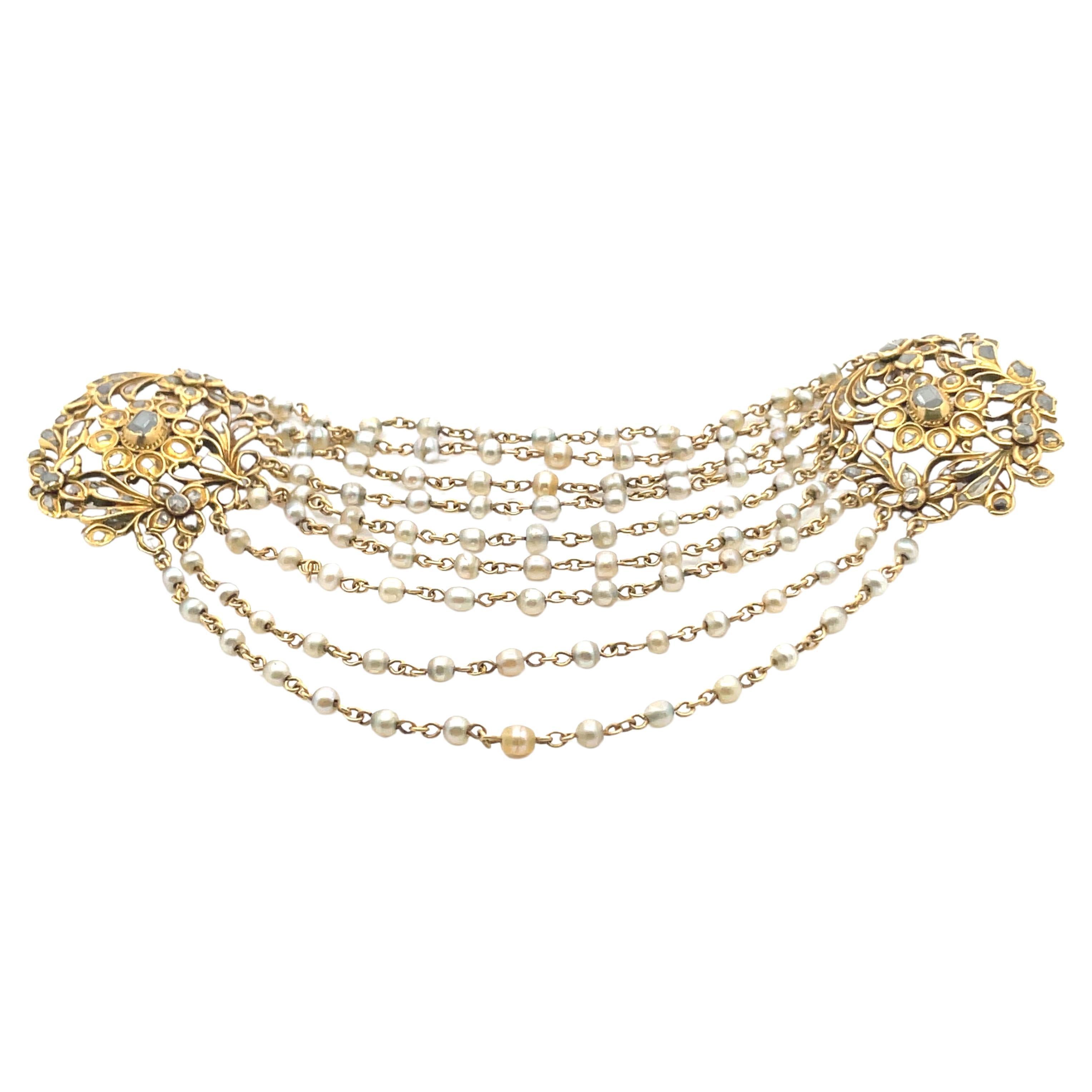 Broche Belle Epoque à festons de perles et de diamants en vente