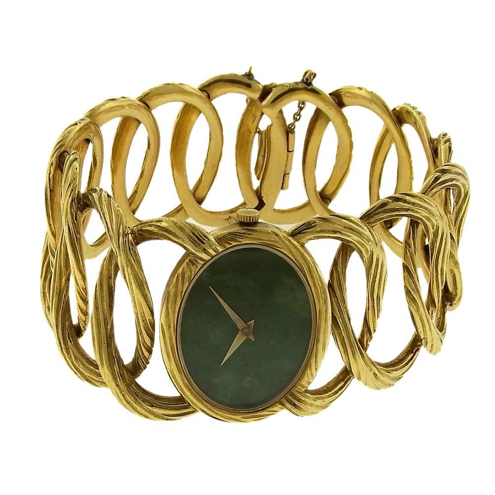 Piaget Ladies Yellow Gold Jade Dial Cocktail Manual Wristwatch, 1980s  In Excellent Condition In New York, NY
