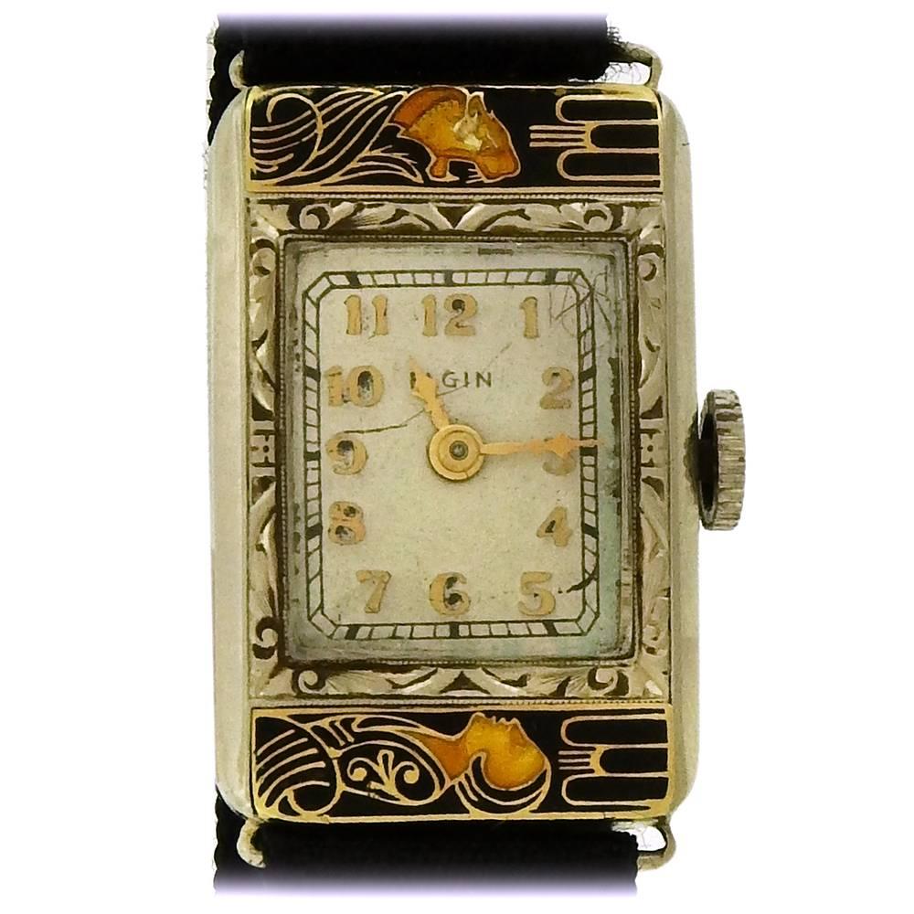Elgin Ladies Yellow Gold Enamel Lady and The Tiger mechanical Wristwatch, 1920s 