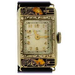 Antique Elgin Ladies Yellow Gold Enamel Lady and The Tiger mechanical Wristwatch, 1920s 