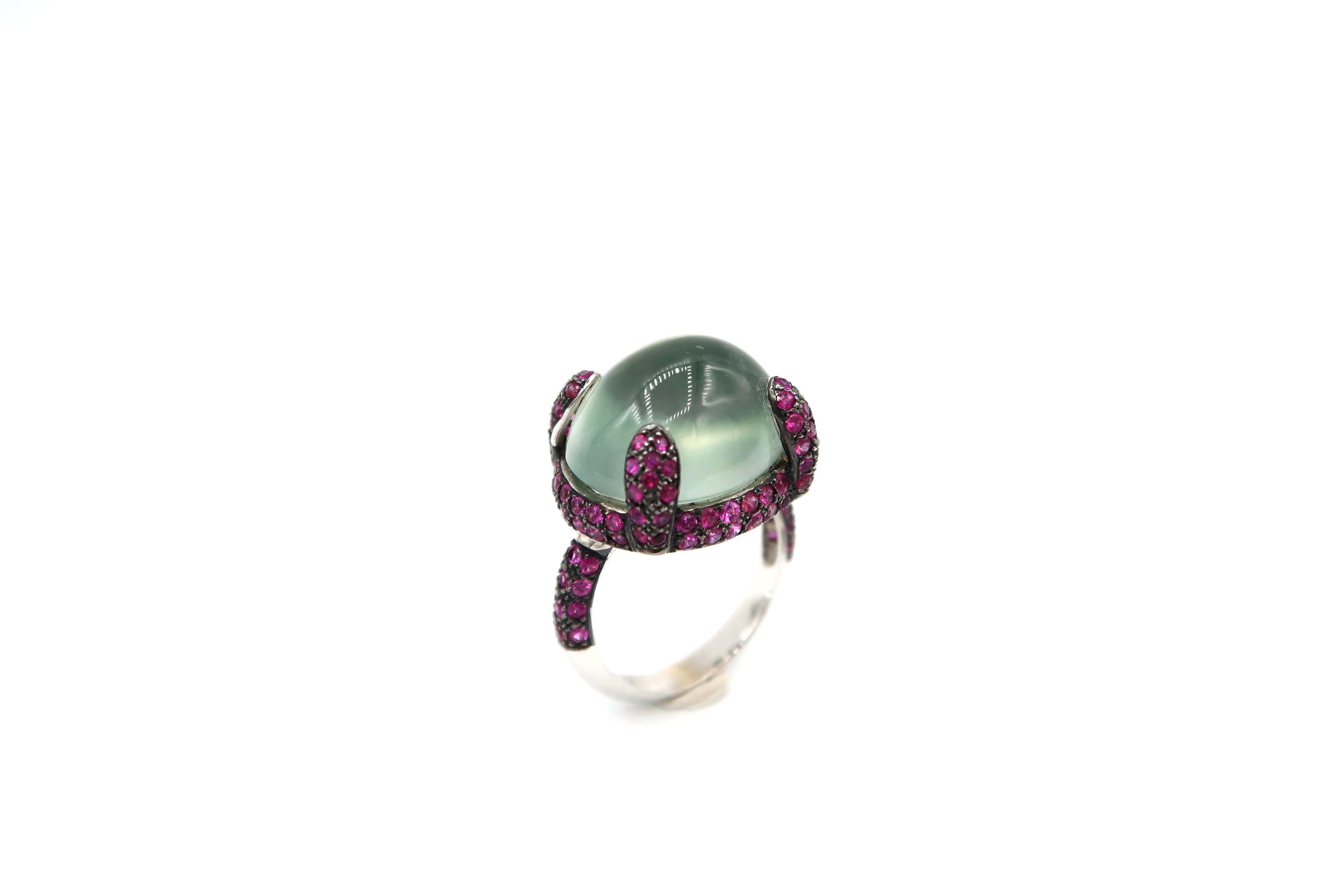 Contemporary Cabochon Green Amethyst Gold Ring Pavé Pink Sapphire