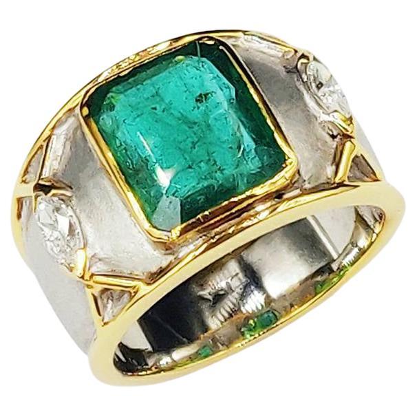 3.41ct Emerald Marquise Diamond 18K Two-Tone Gold Raised Edge Textured Mens Ring For Sale