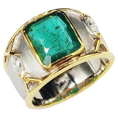 3.41ct Emerald Marquise Diamond 18K Two-Tone Gold Raised Edge Textured Mens Ring