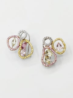 Boon Mismatched Diamond Yellow Pink Sapphire Organic Shaped Gold Clip Earrings