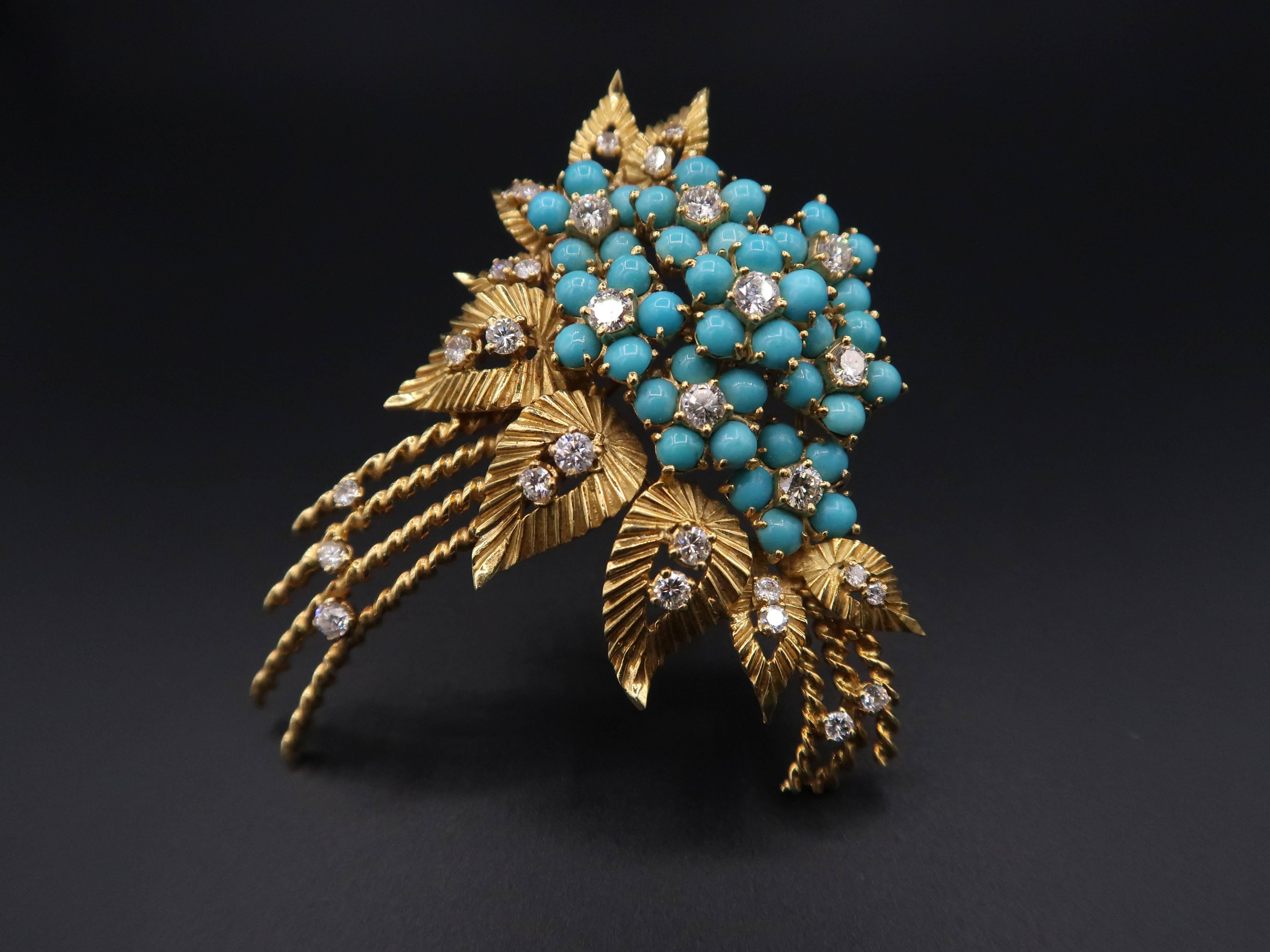 Turquoise Diamond Gold Flower Bouquet Brooch
Turquoise: 40 pieces
Diamond : Approx. 2.45ct. G colour VS Round Brilliant
Gold : Approx. 27.465g. 18K Yellow Gold

Turquoise Diamond Gold Leaf Earrings
Turquoise : 80+ pieces
Diamond : Approx. 0.50ct. H