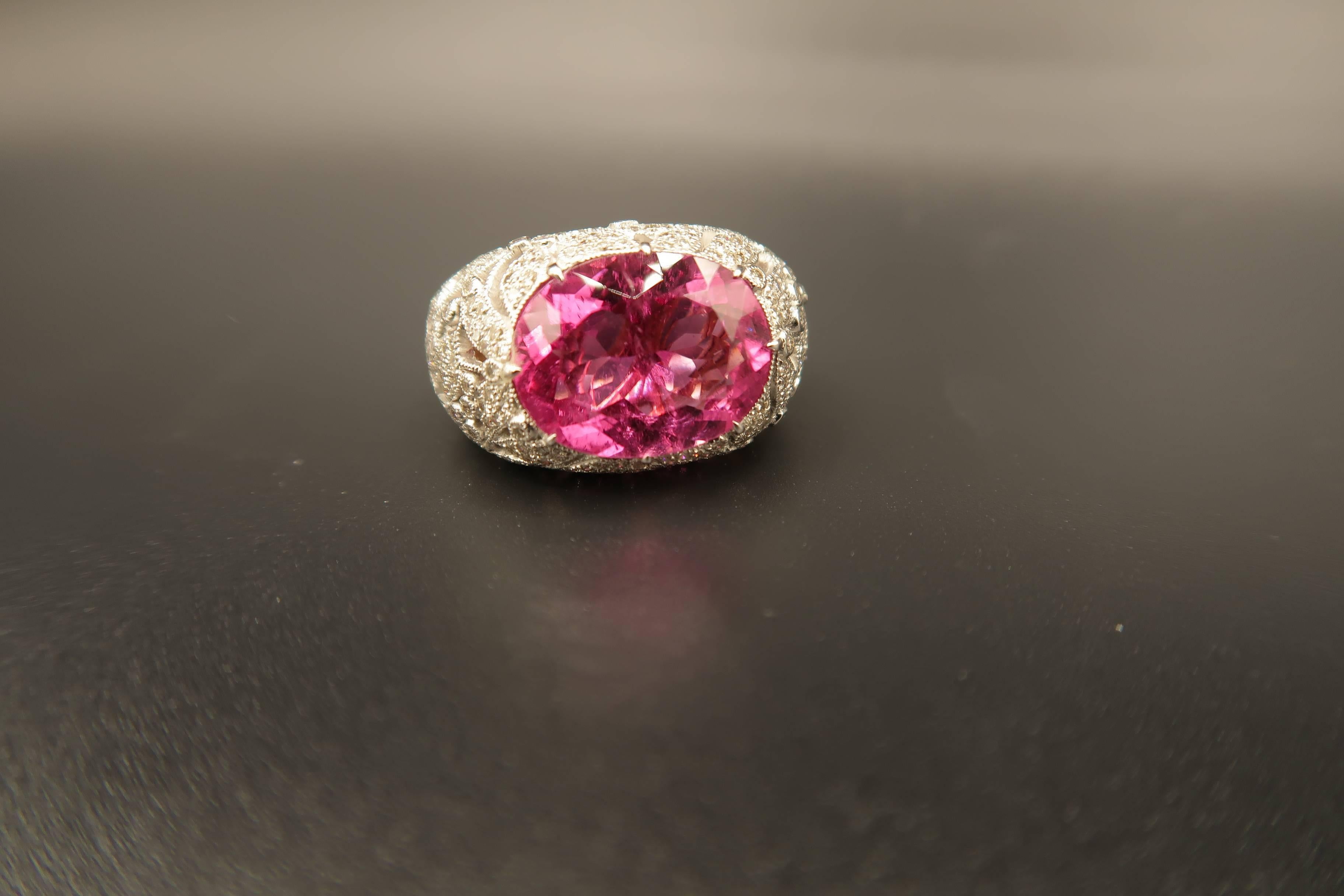 Oval Cut 5.5 Carat Large Oval Pink Tourmaline Diamond White Gold Lace Work Ring