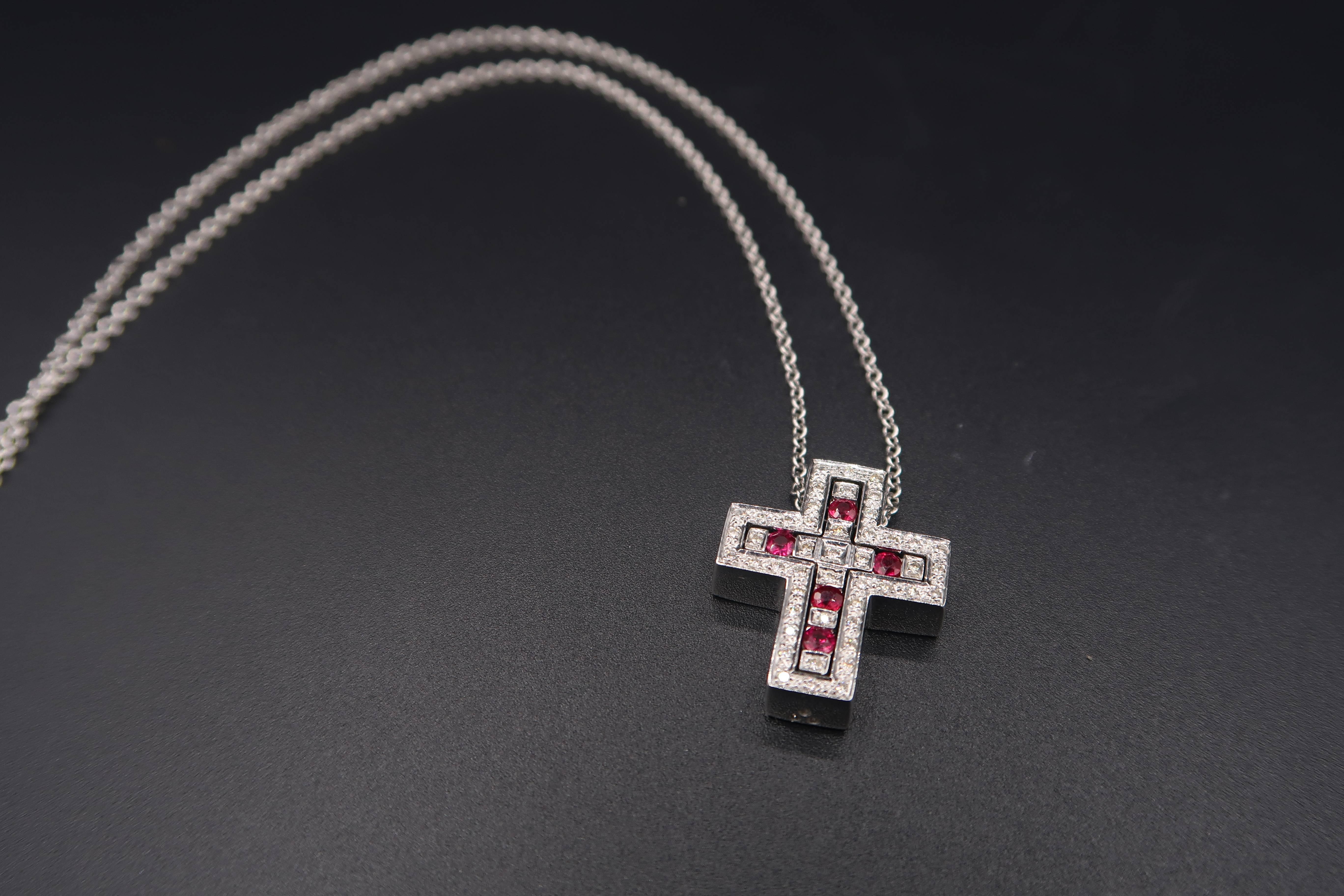 Round Cut 2 Cross Pendants Combinable Joinable Splittable Diamond Ruby White Gold Chain For Sale