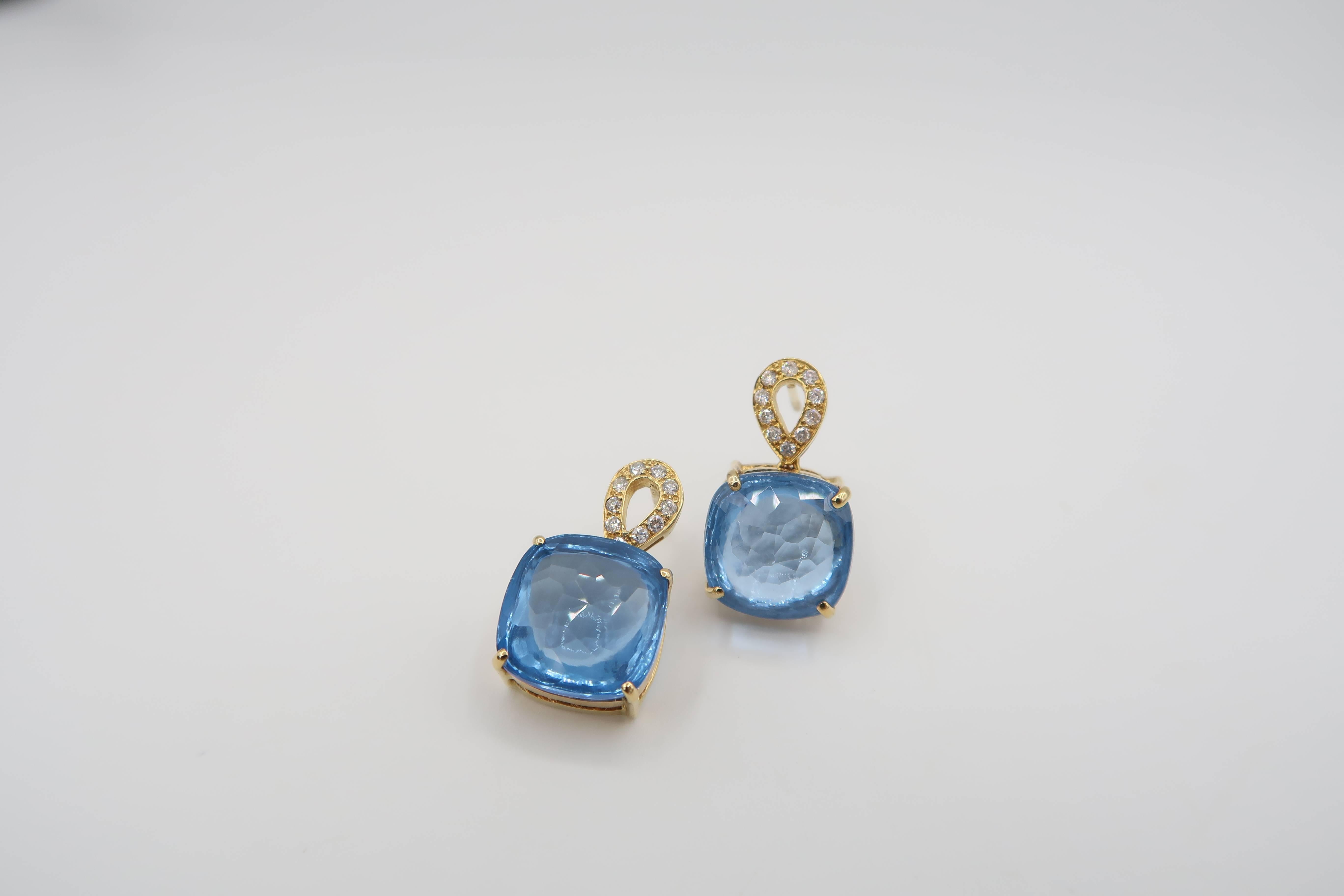 This pair of earrings were created with semi-precious Blue Topaz and beautiful diamonds. Suitable for pierced ears. Come with Silicone-covered 18K yellow gold backings.

Gold : 7.21g. 18K Yellow Gold
Diamond : 0.21ct. 
Blue Topaz : 22.80cts.
