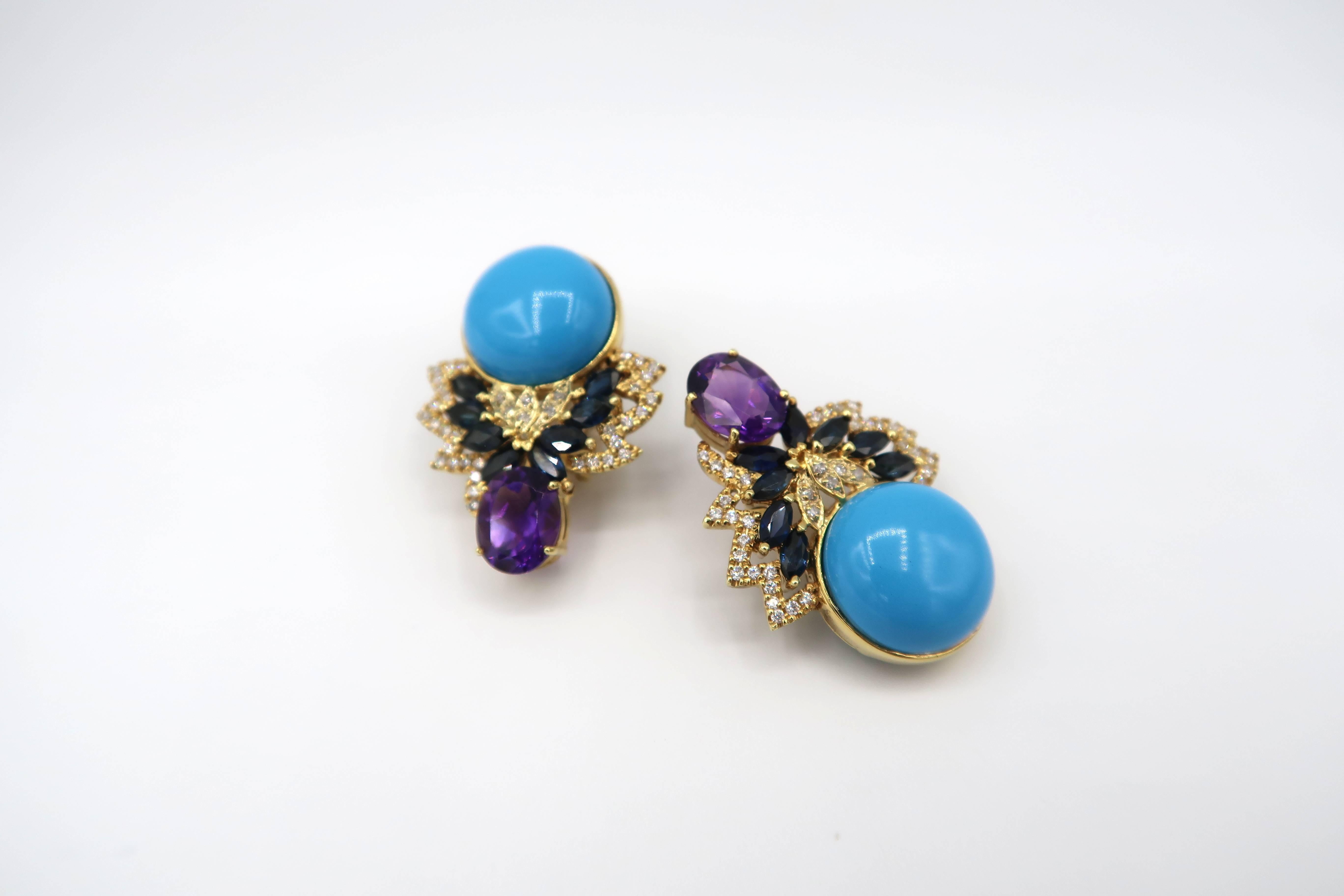 Boon turquoise clip earrings set in 18K yellow gold embellished with Amethyst, blue sapphire and diamond. Suitable for unpierced ears.

This piece comes with a complimentary international shipping.

Gold: 16.50g. 18K yellow gold
Blue Sapphire: