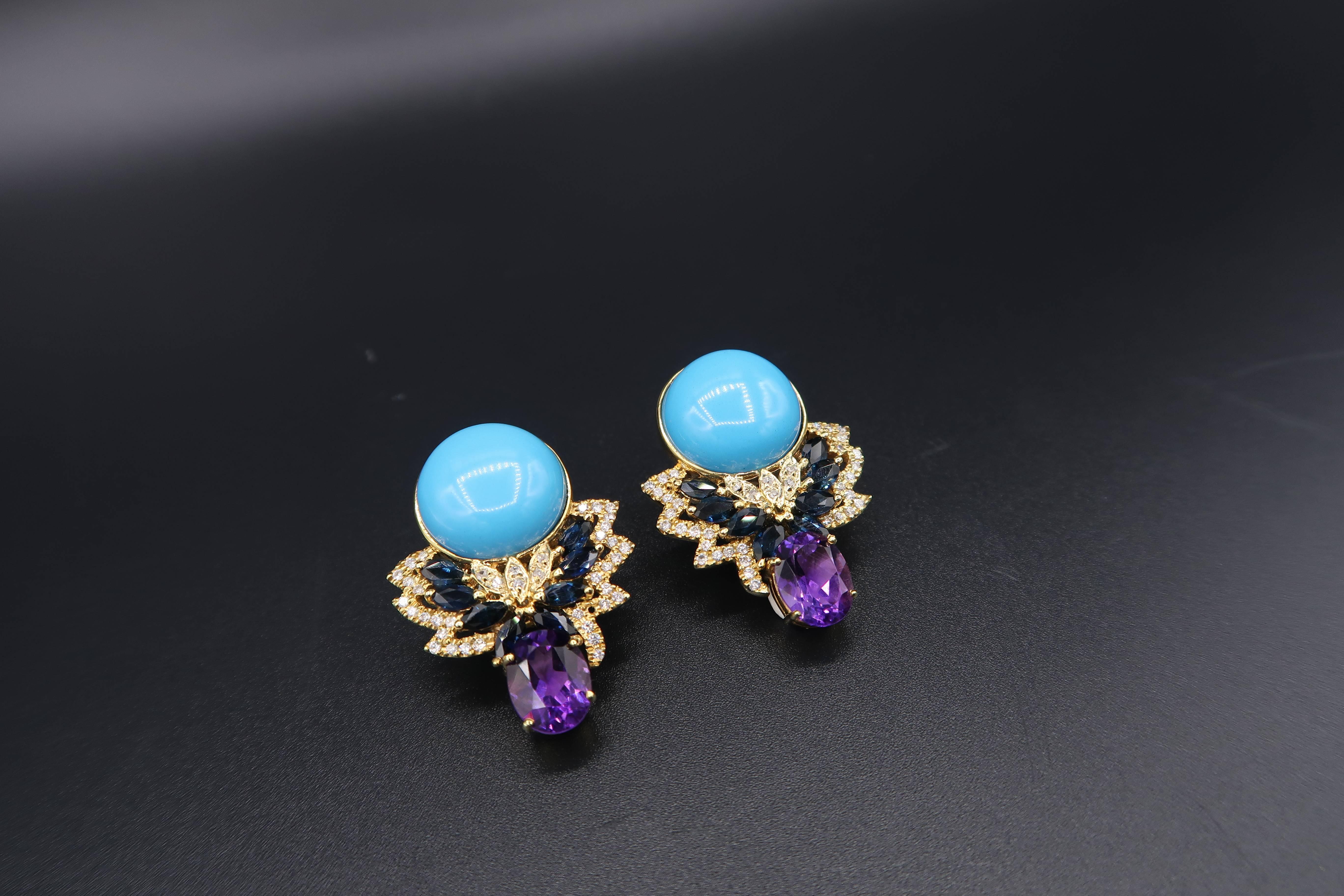 Belle Époque Boon Turquoise Amethyst Blue Sapphire Yellow Gold Unpierced Clip Earrings