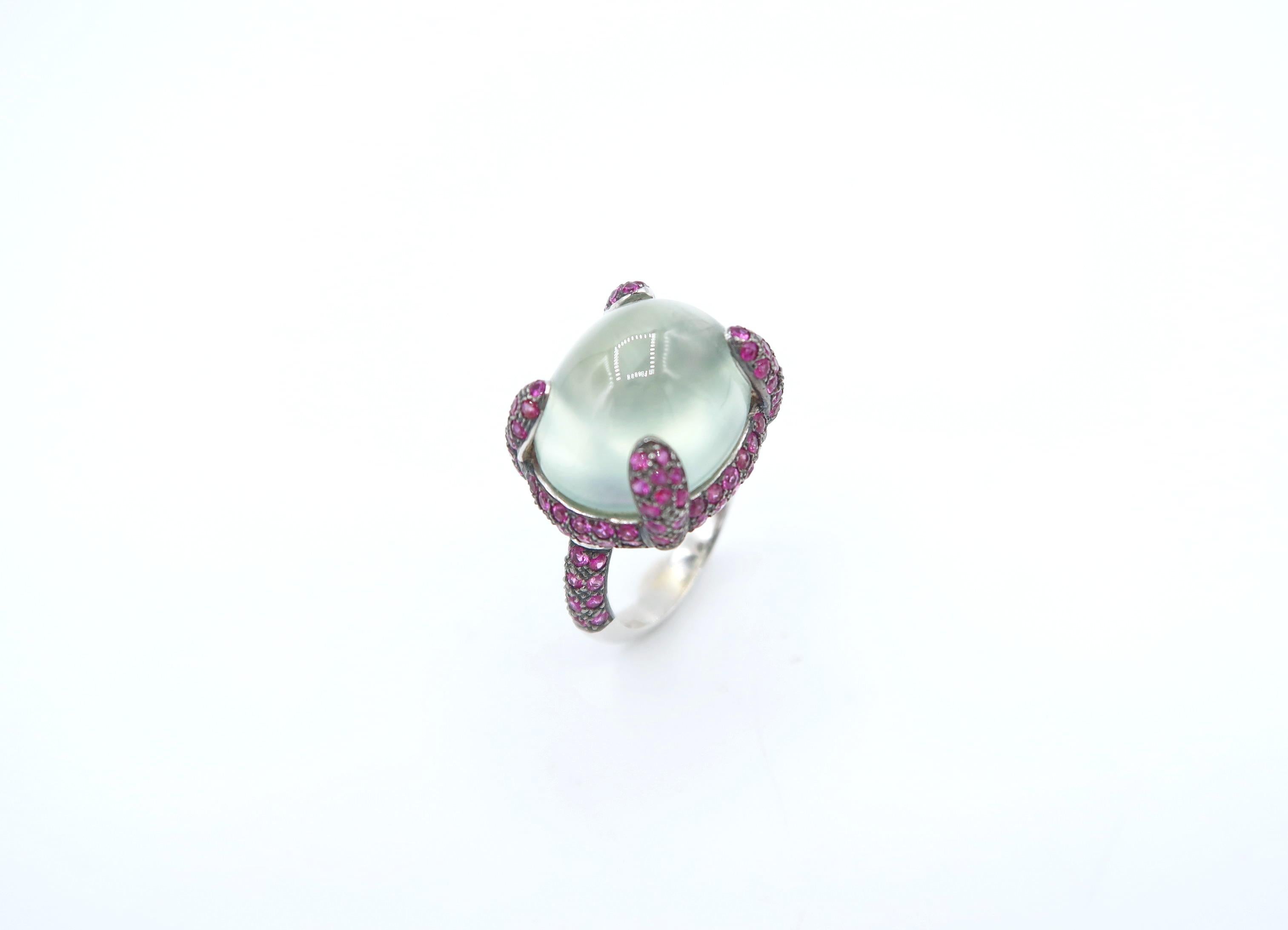 Women's or Men's Cabochon Green Amethyst Gold Ring Pavé Pink Sapphire