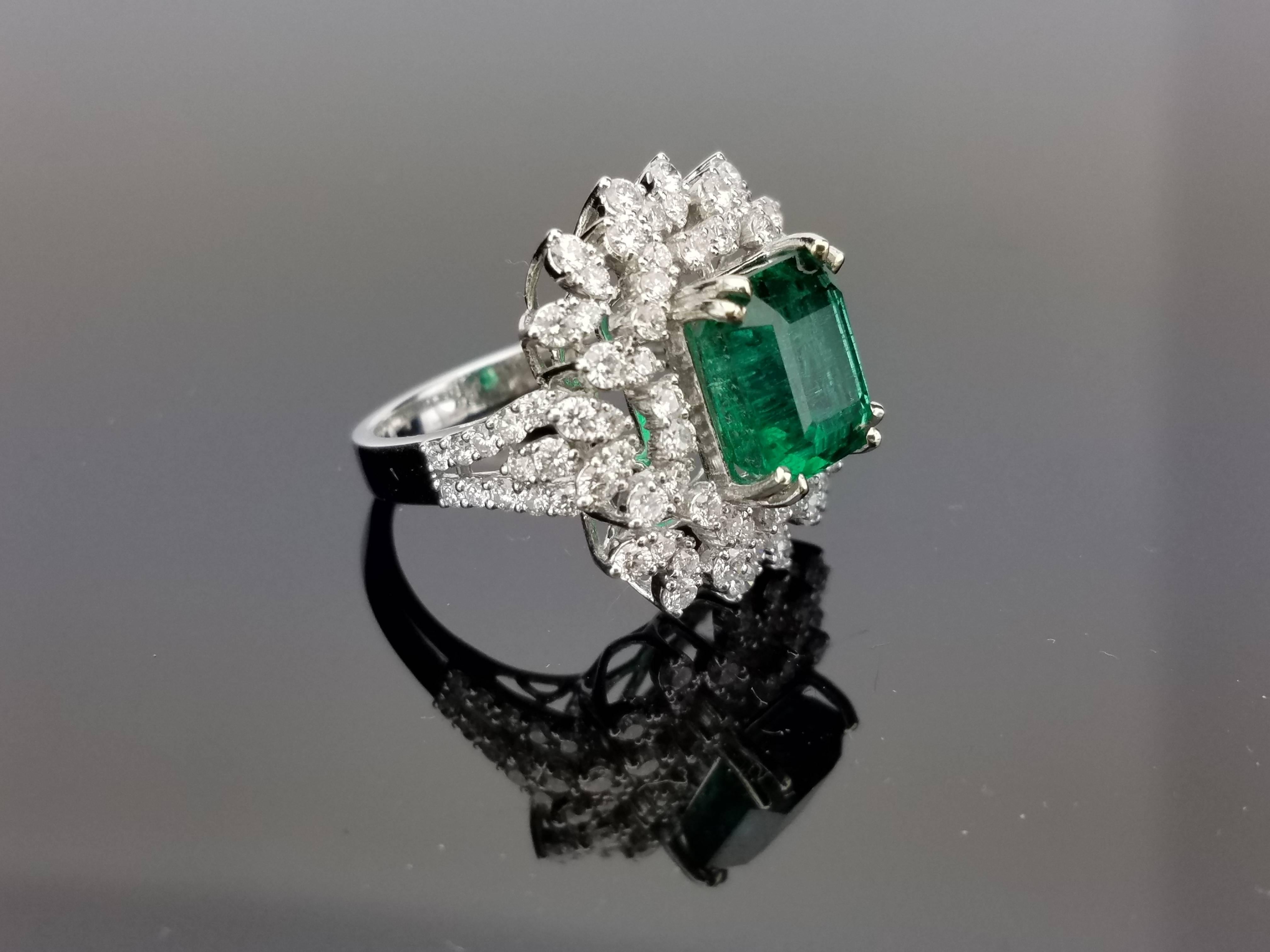 White Gold Zambian Emerald Ring with Diamond Cocktail Ring For Sale at ...