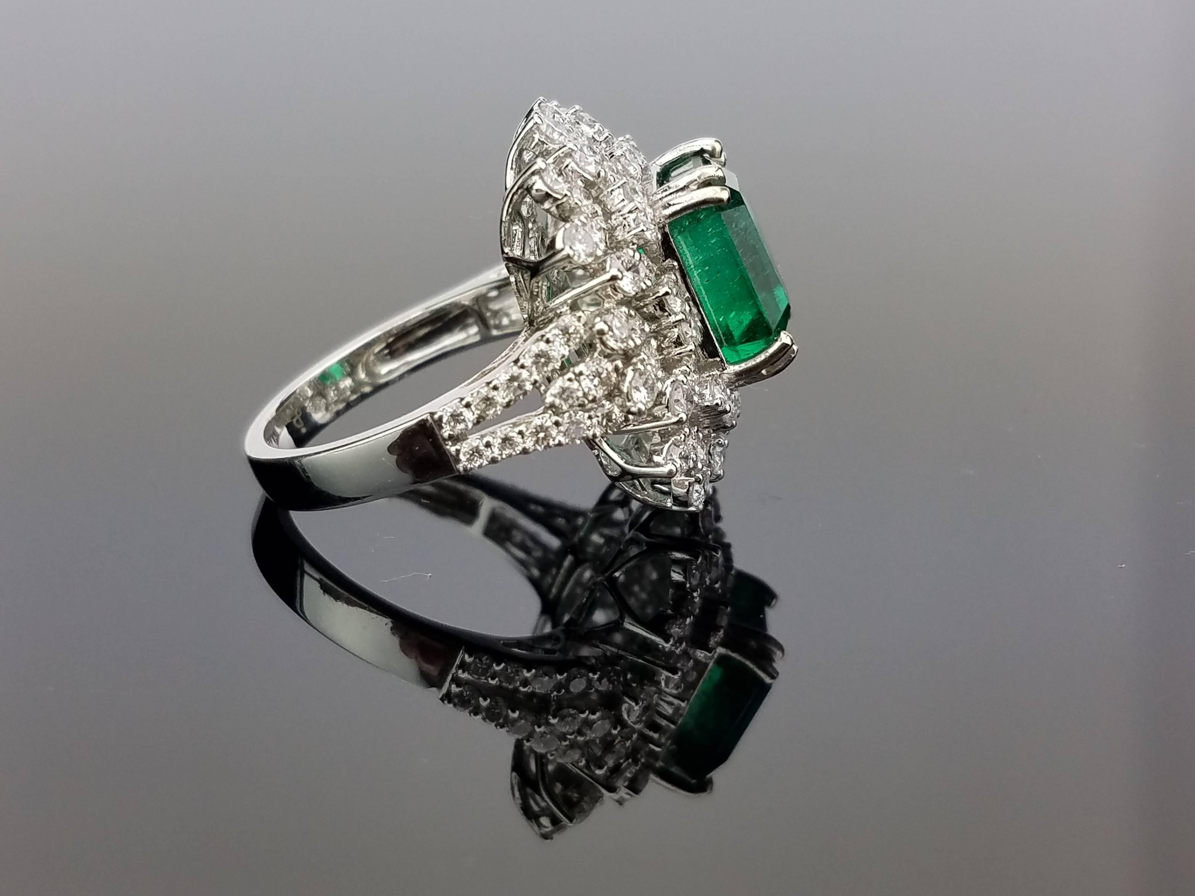 Modern White Gold Zambian Emerald Ring with Diamond Cocktail Ring