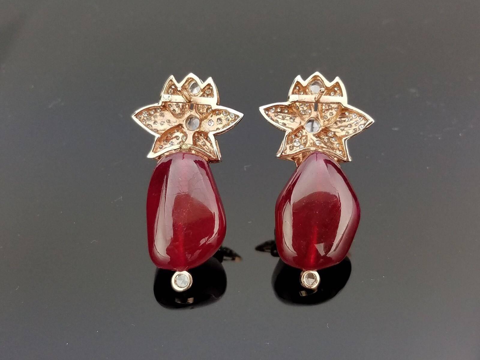 Modern 77.32 carat African Ruby Tumble Beads and Diamond Earrings
