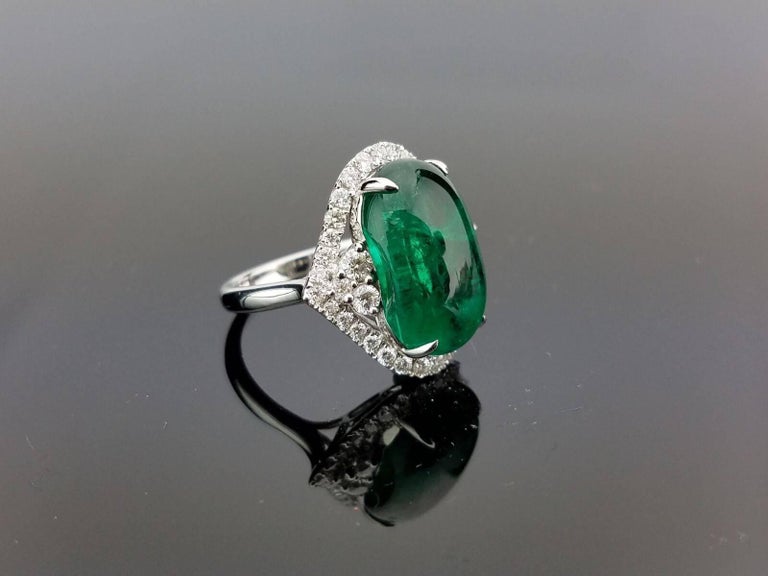 Oval Zambian Emerald Cabochon and Diamond Clusters Cocktail Ring at ...