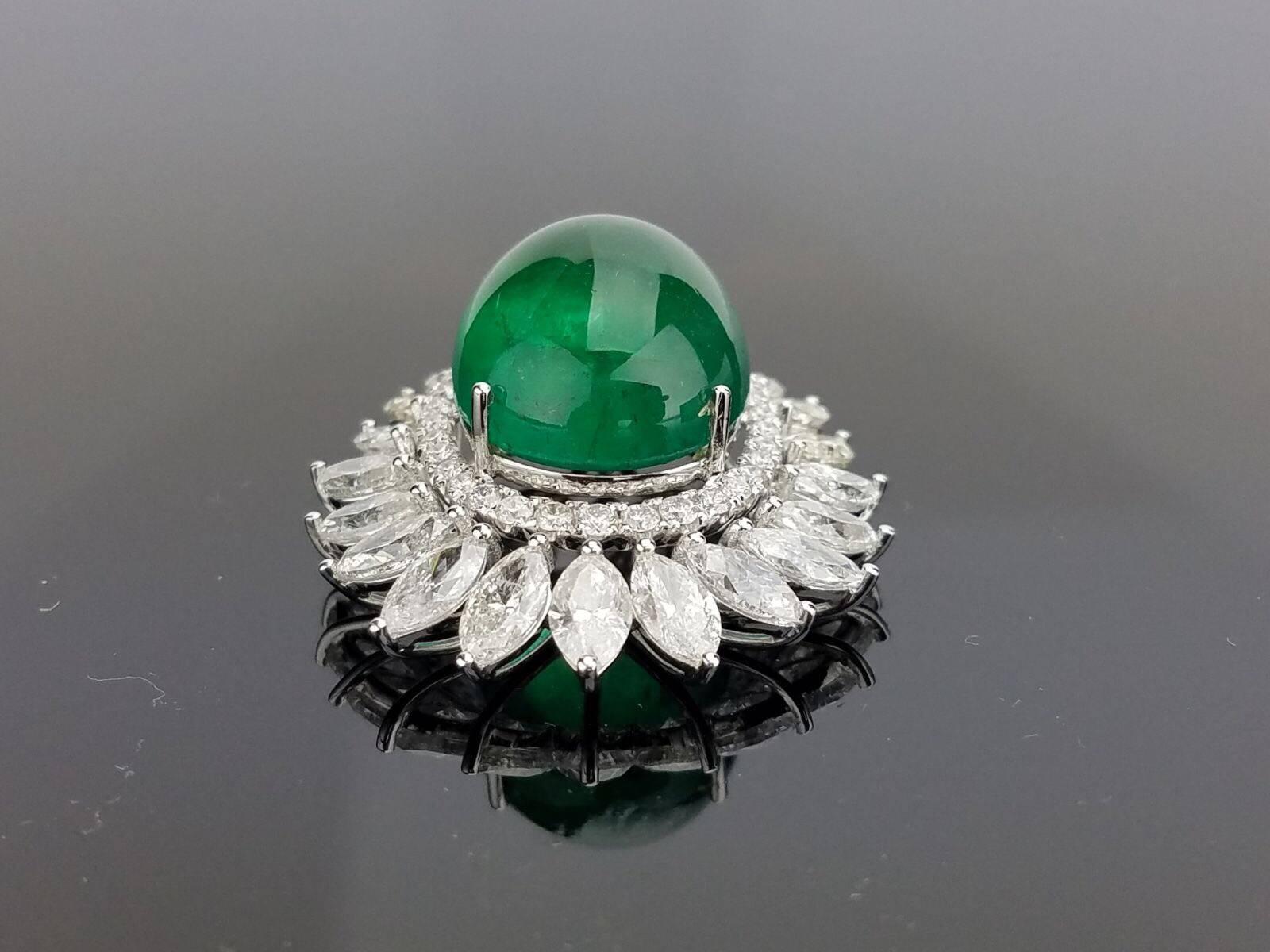 Art Deco Certified Cabochon Zambian Emerald and Marquise Diamond Pendant