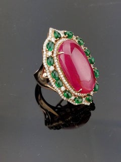 African Ruby with Emerald Cabochon and Diamond Cocktail Ring on Rose Gold Band