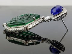 Carved Emerald Tanzanite Diamond Drop Earrings