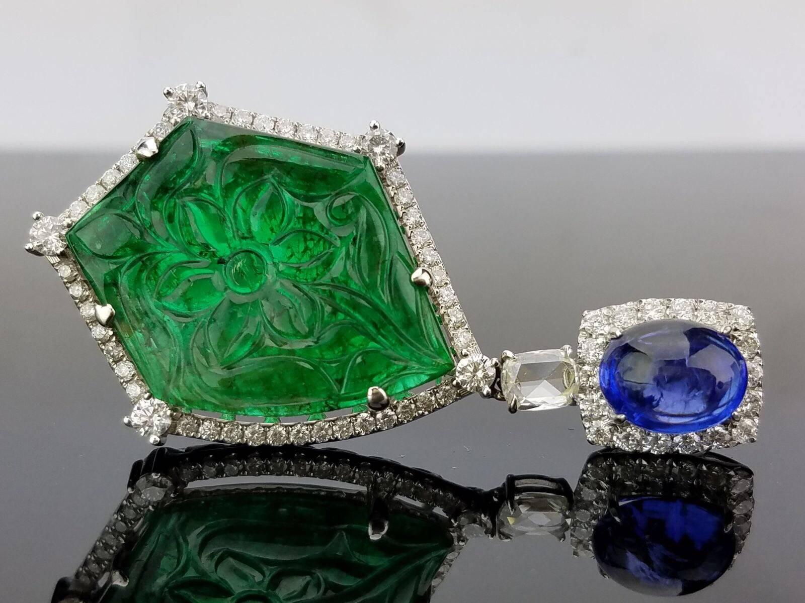 Emerald Cut Carved Emerald Tanzanite Diamond Drop Earrings