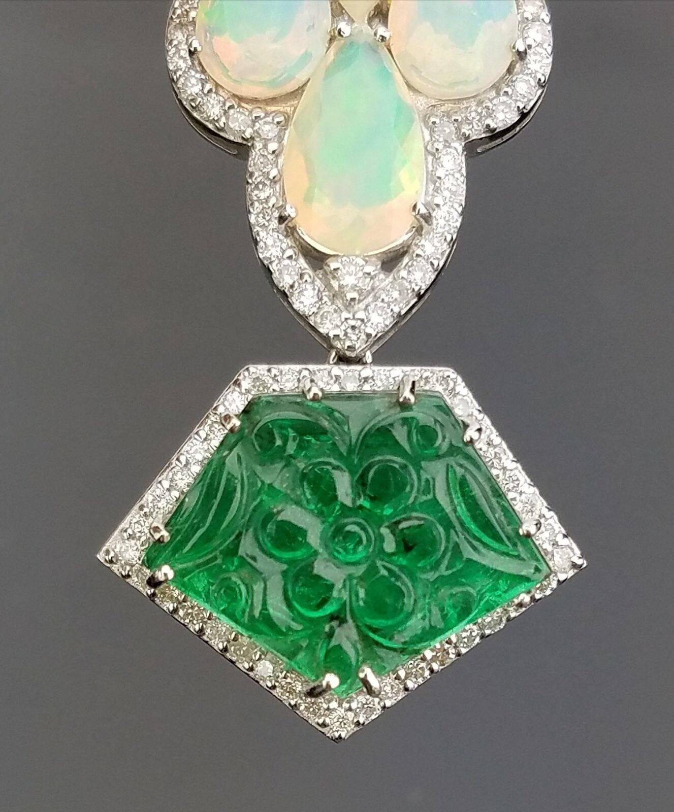 Dangling Earring with Pear Shape Opal, Carved Emerald and Diamond In New Condition In Bangkok, Thailand