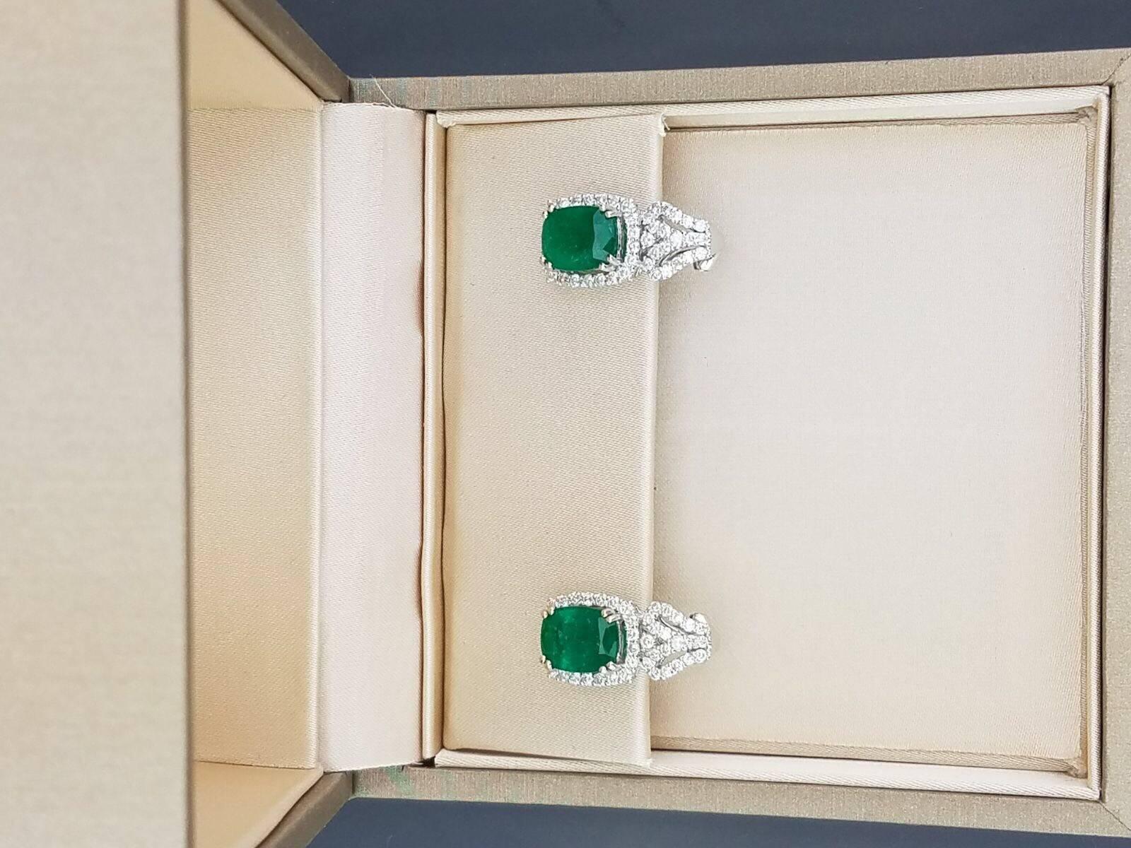 Modern 4.07 Carat Emerald and Diamond Stud Earring