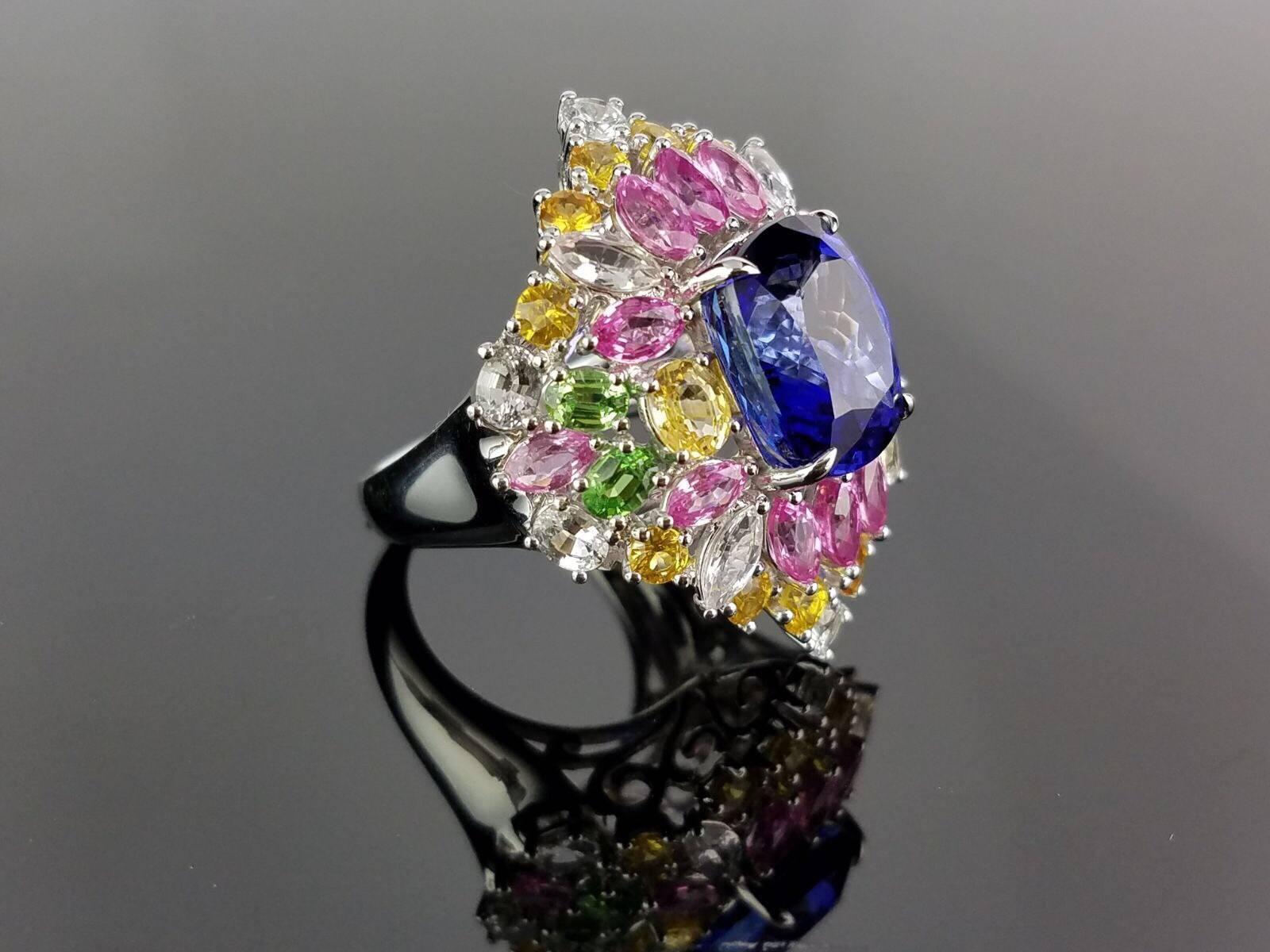 Art Deco 17.65 Carat Cushion Tanzanite and Colored Sapphire Cocktail Ring