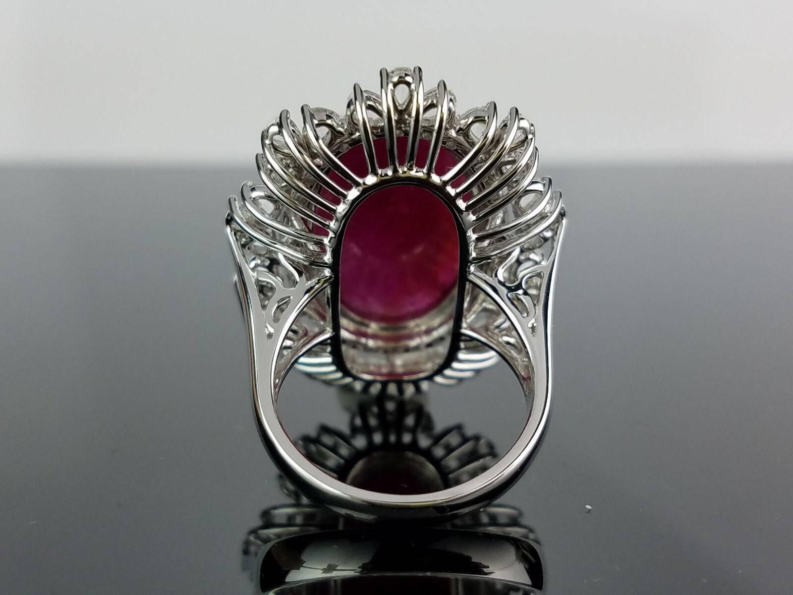 Modern 20.33 Carat Burma Ruby Cabochon and Diamond Cocktail Ring For Sale