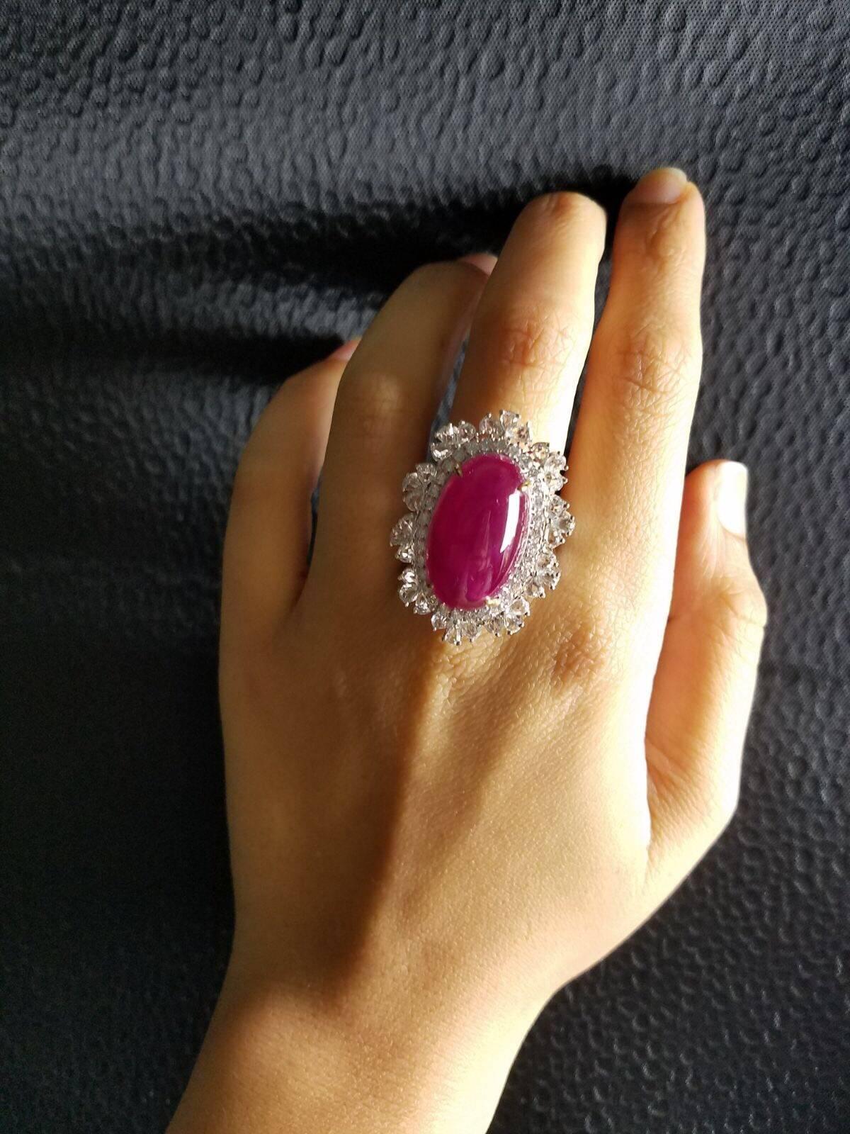 Oval Cut 20.33 Carat Burma Ruby Cabochon and Diamond Cocktail Ring For Sale