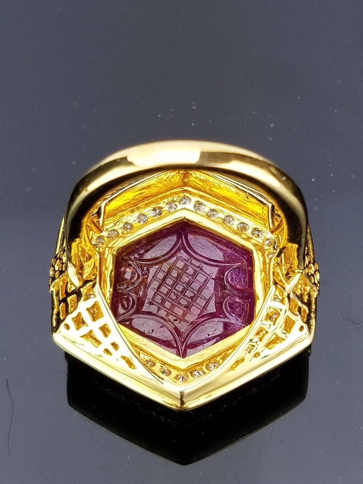 Women's Carved 11 carat Ruby and White Enamel 18K Gold Cocktail Ring