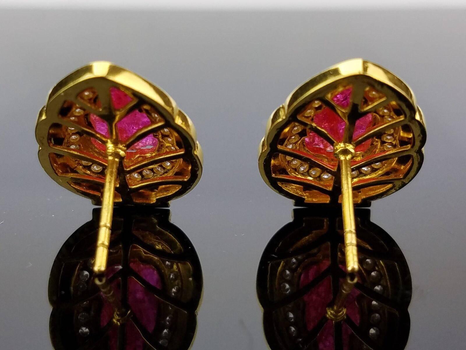 Art Deco 5.23 Carat Carved Ruby and White Enamel Stud Earrings