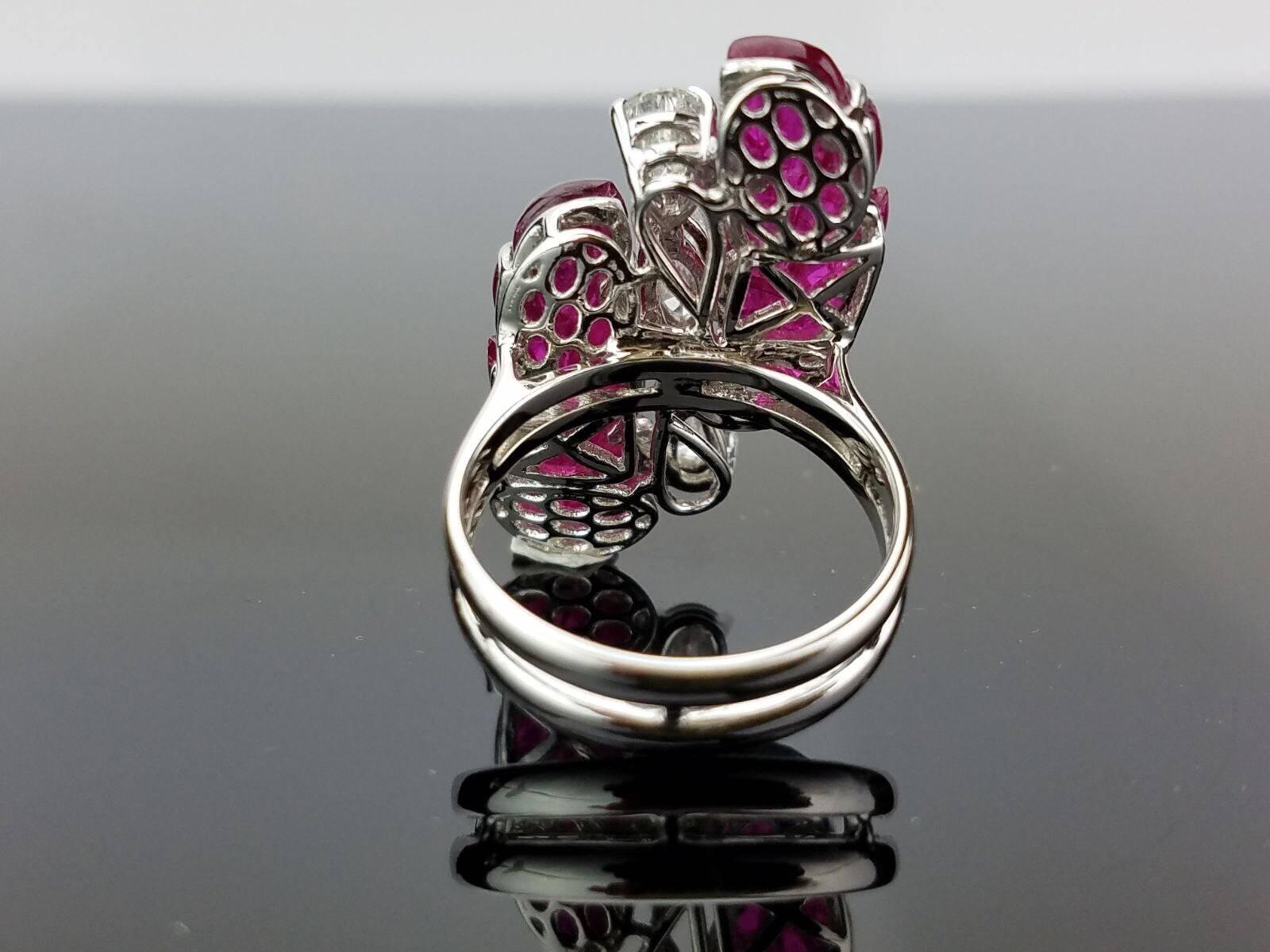 Art Deco Carved Ruby and Diamond Cocktail Ring