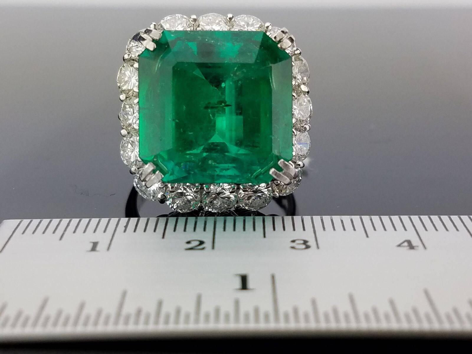 Emerald Cut GRS Certified 15.86 Carat Colombian Emerald and Diamond Cocktail Ring