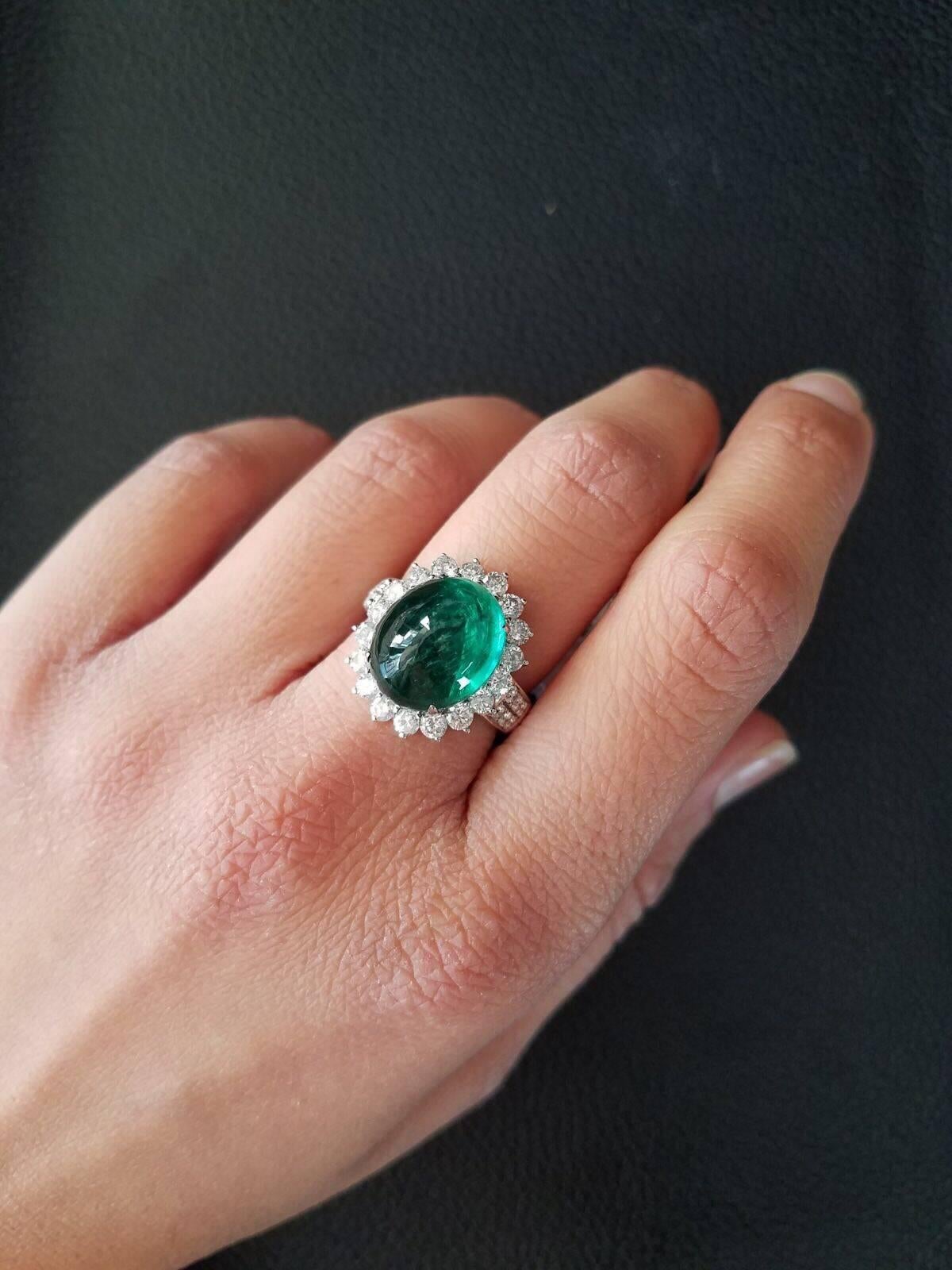 Women's 8.35 Carat Emerald Cabochon and Diamond Cocktail Ring For Sale