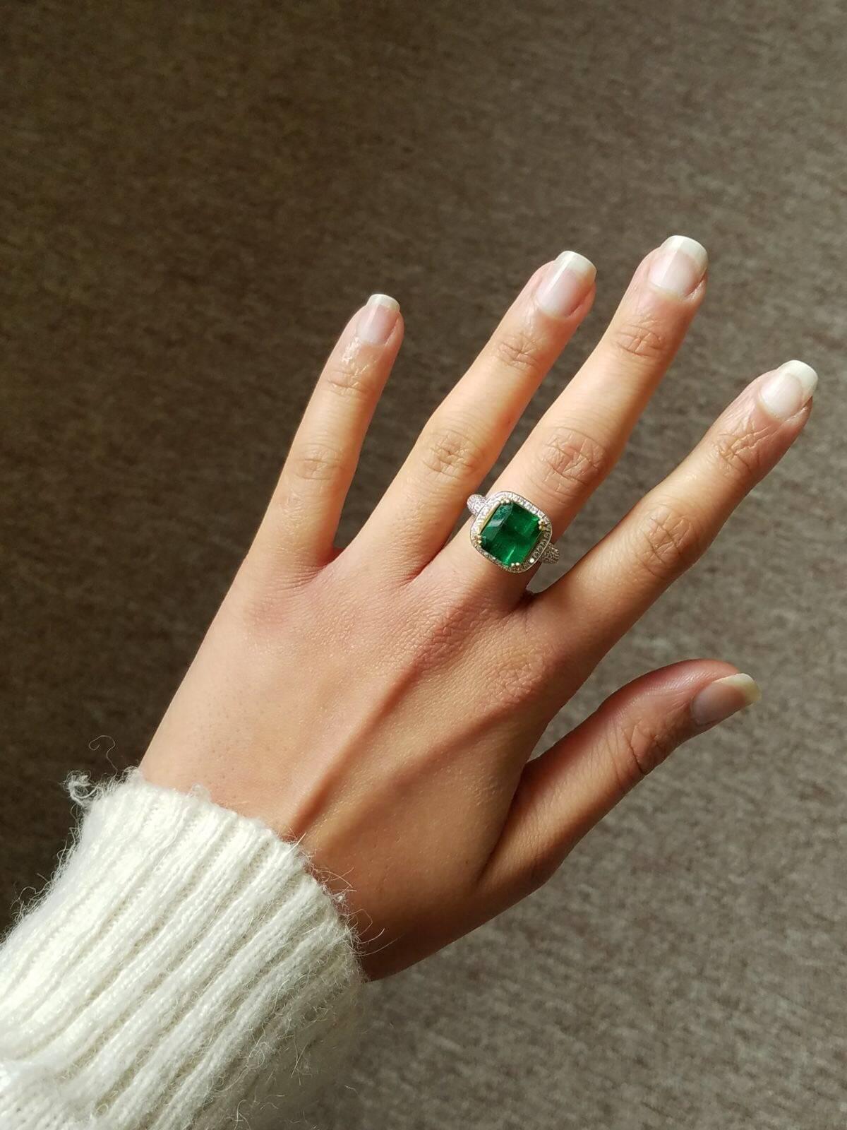 Emerald Cut 6.24 Emerald and White Diamond Cocktail Ring
