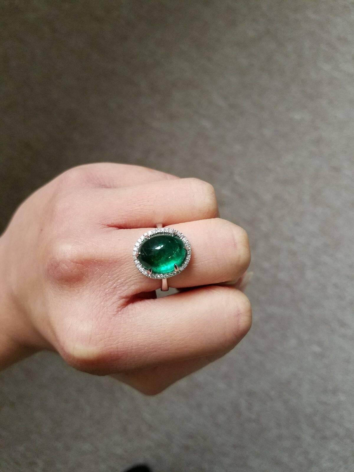 Modern 7.46 Carat Cabochon Emerald and Diamond Ring