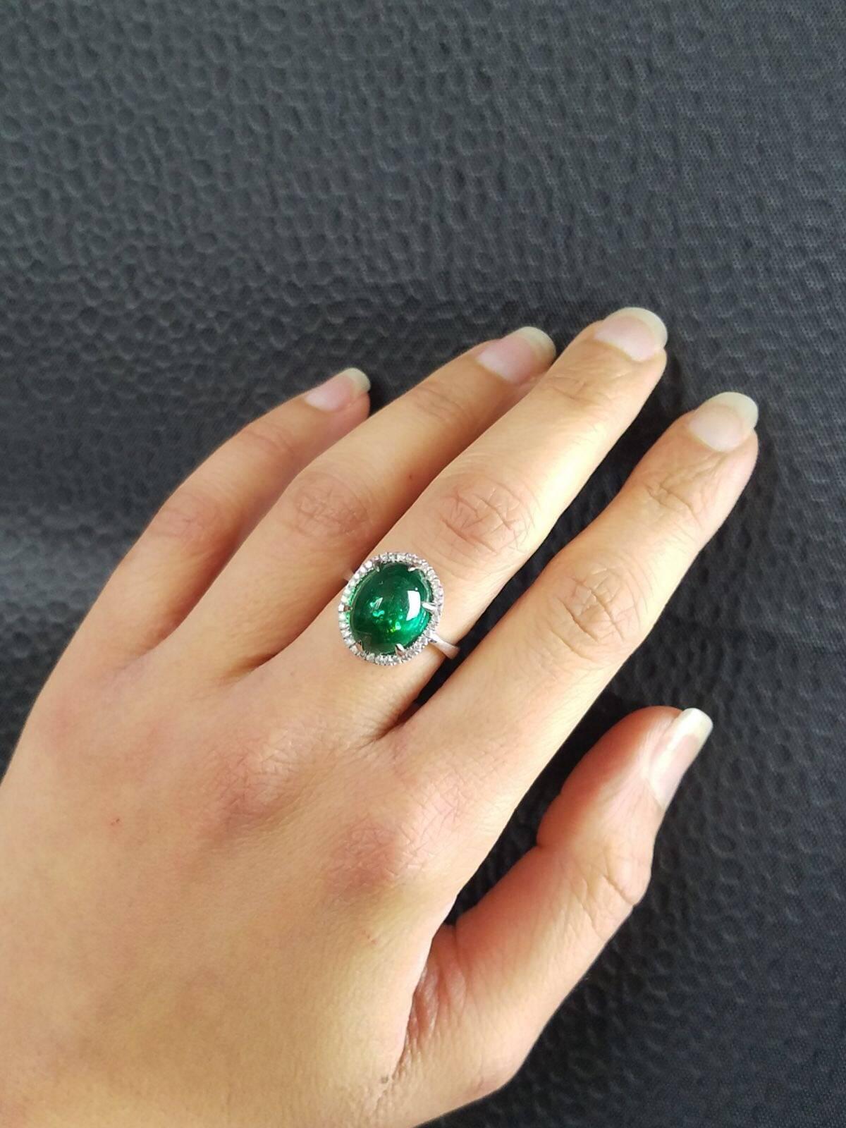 Oval Cut 7.46 Carat Cabochon Emerald and Diamond Ring