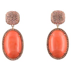 31.73 Carat Natural Coral and Sapphire Dangle Earrings in 18K Rose Gold